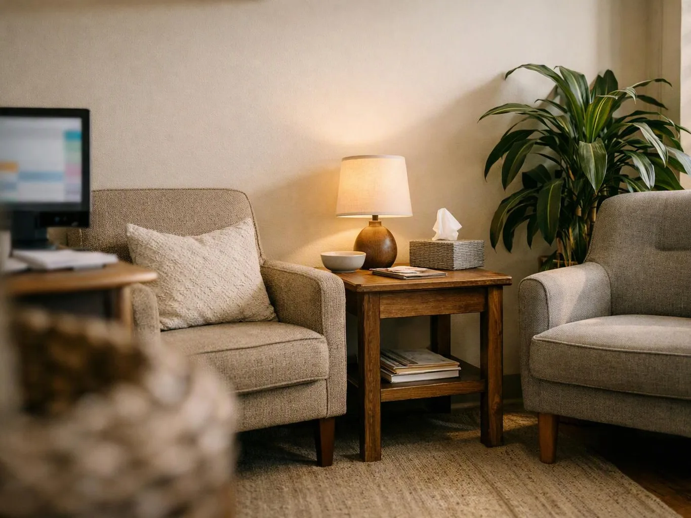 A cozy living room shows two beige armchairs, a wooden side table with a lit lamp, and a tall plant