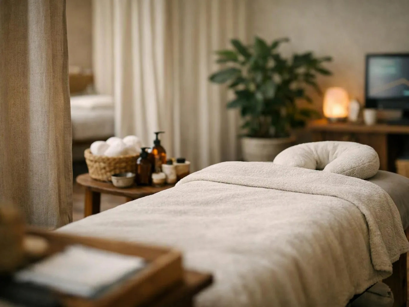 A cozy spa room shows a massage table with folded towels, bottles, a plant, and soft lamp light