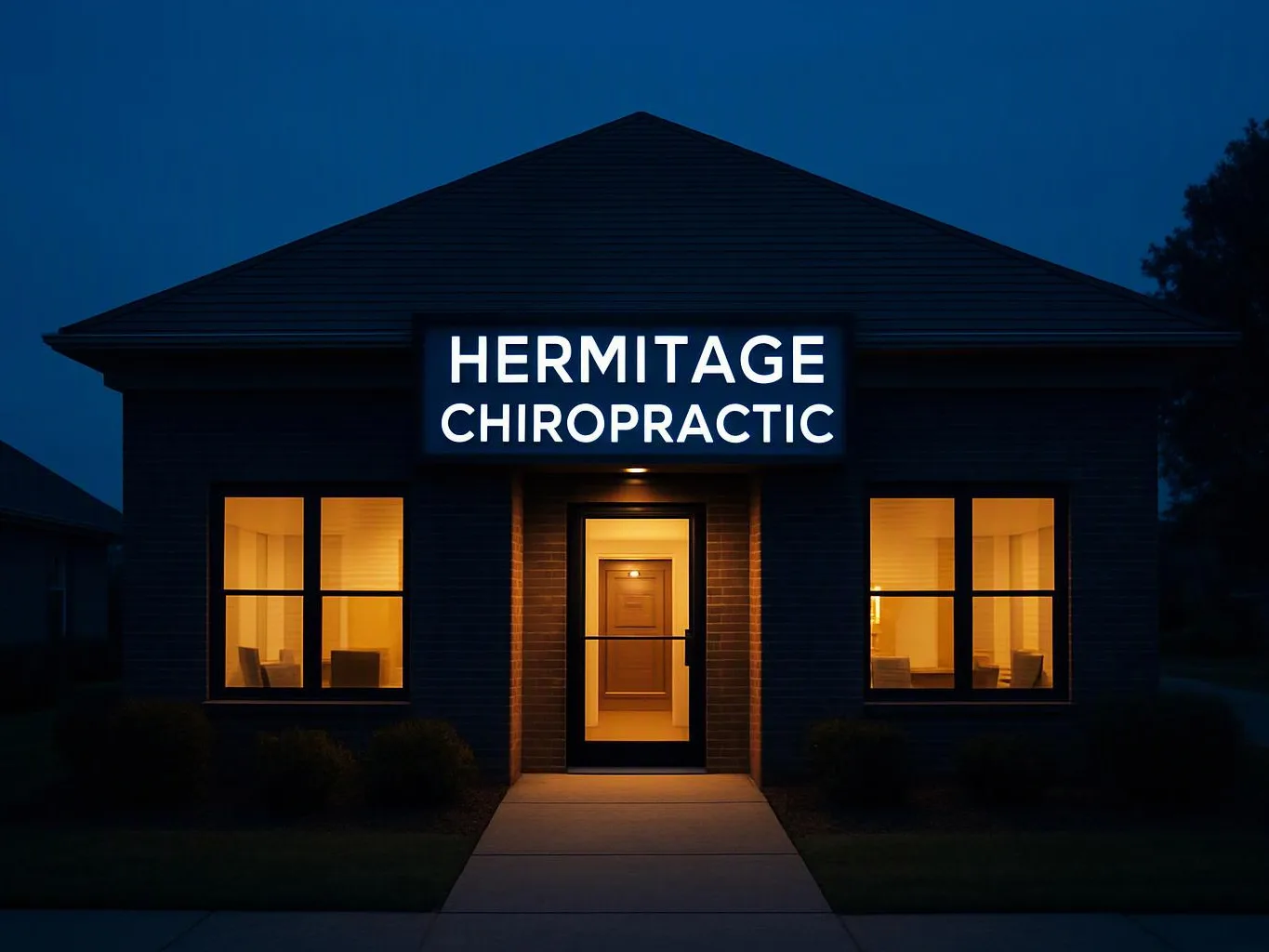 A dark building at night shows a lit entrance and sign reading “HERMITAGE CHIROPRACTIC”