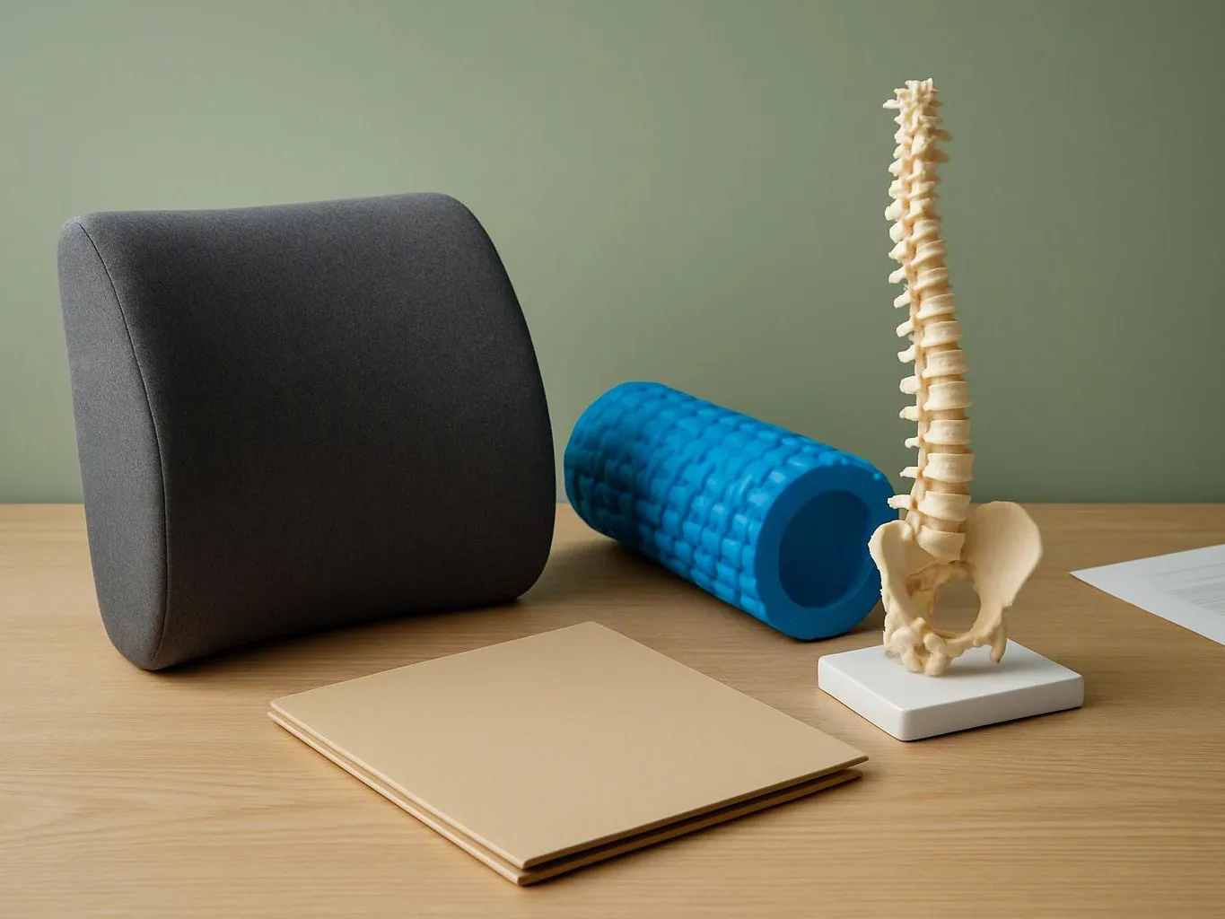 A desk shows a dark cushion, a blue foam roller, a spine model, and stacked beige notebooks against a plain wall