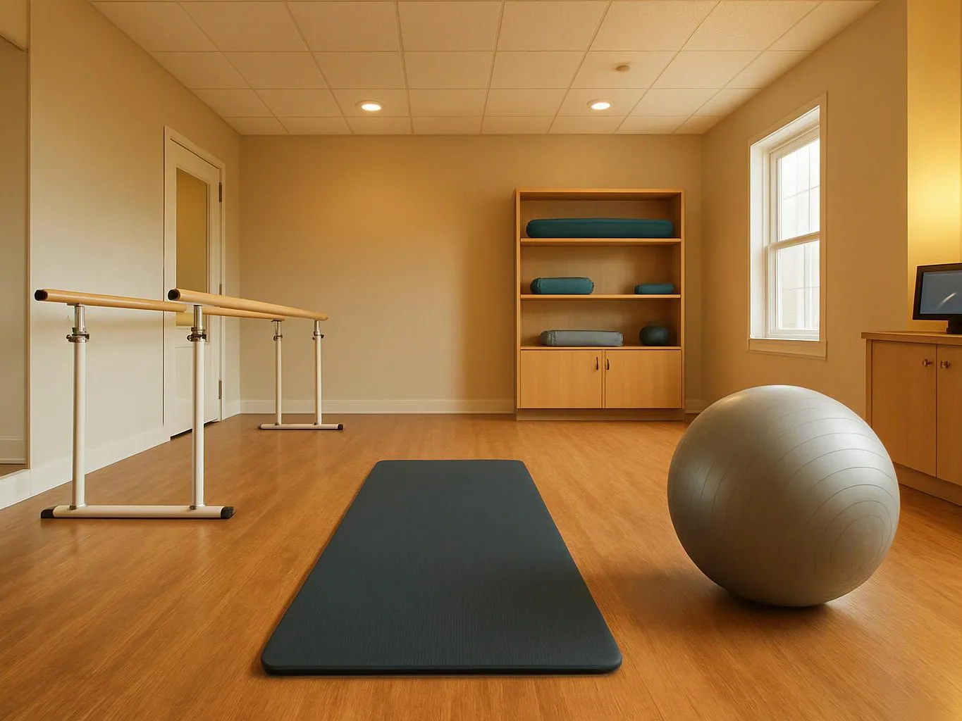 Empty exercise studio with a mat, balance ball, barre rails, shelves of towels, and a window