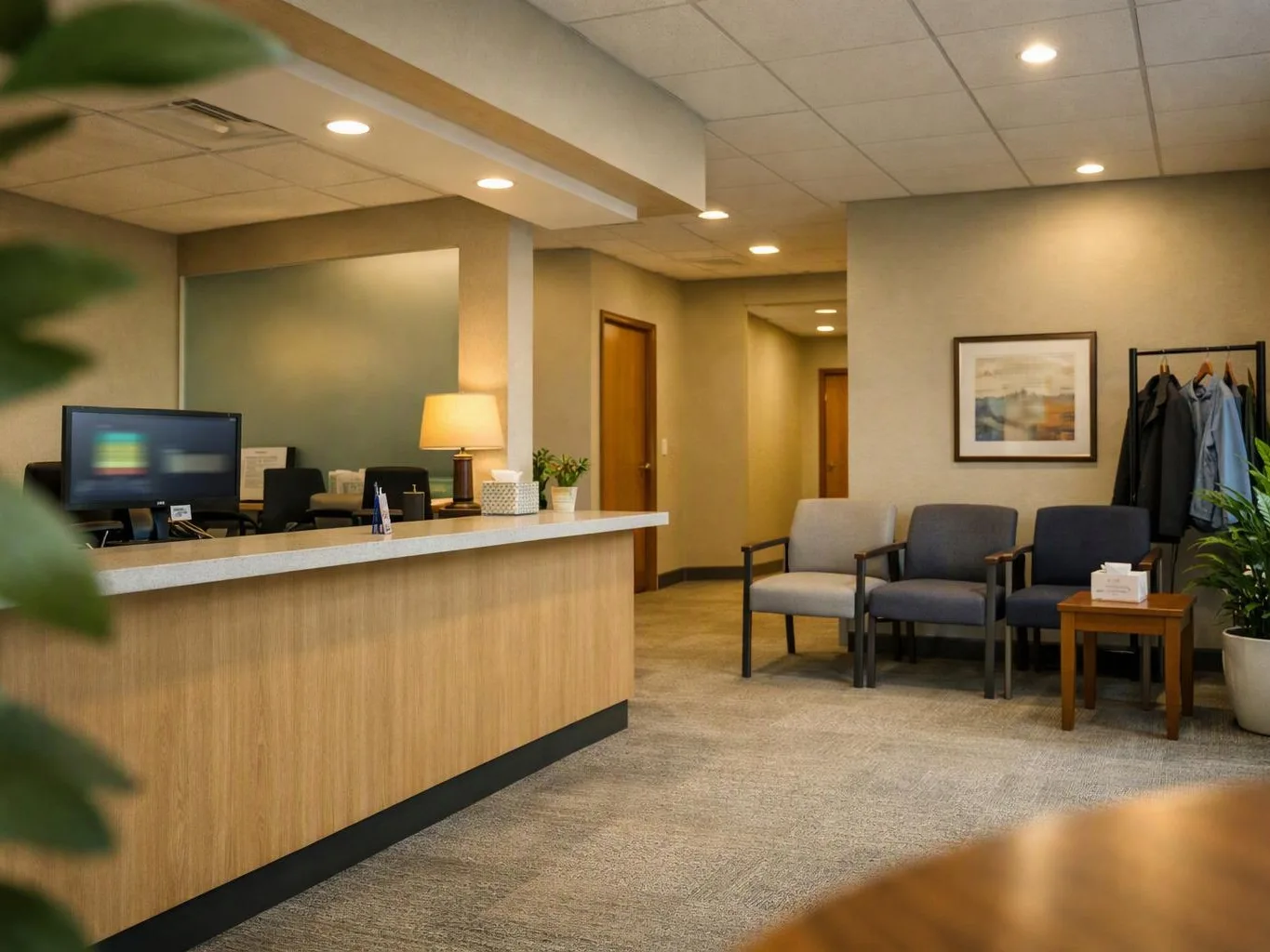 An empty office lobby shows a reception desk, waiting chairs, a lamp, framed art, and a coat rack