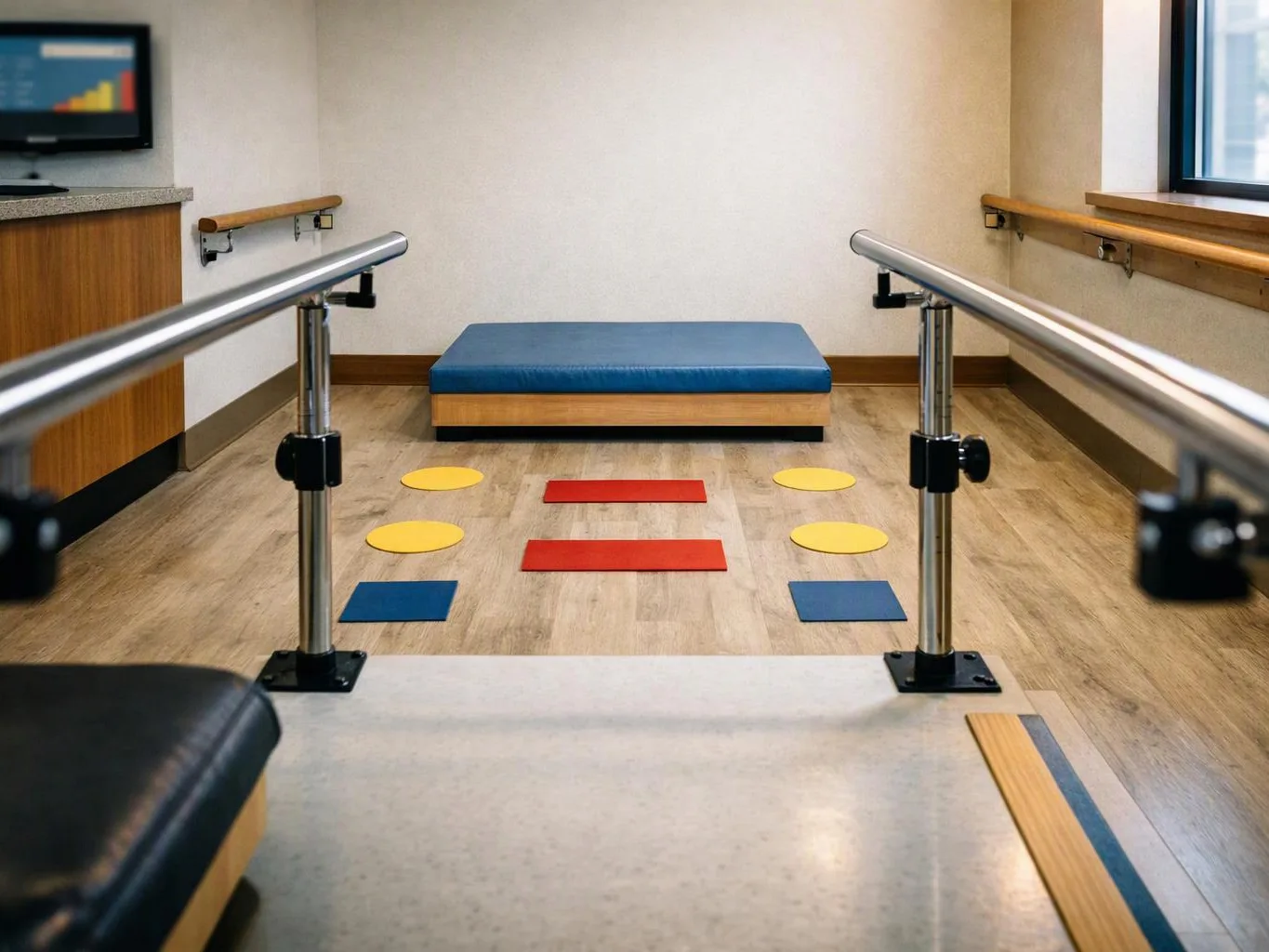 Empty therapy room with handrails, a padded platform, and colorful floor markers lined up on wood flooring