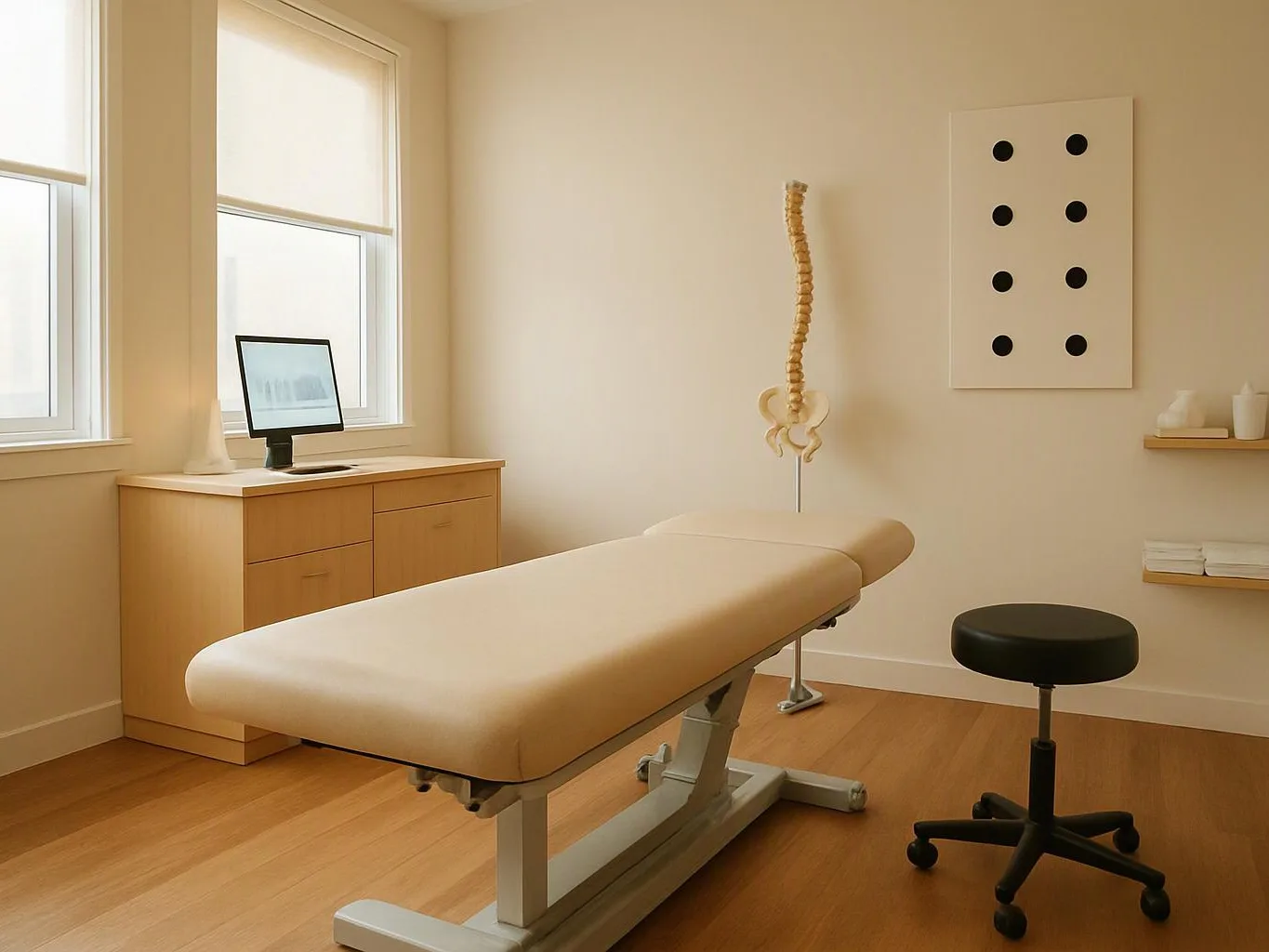 An empty treatment room shows a padded exam table, a spine model, a monitor, and a black stool