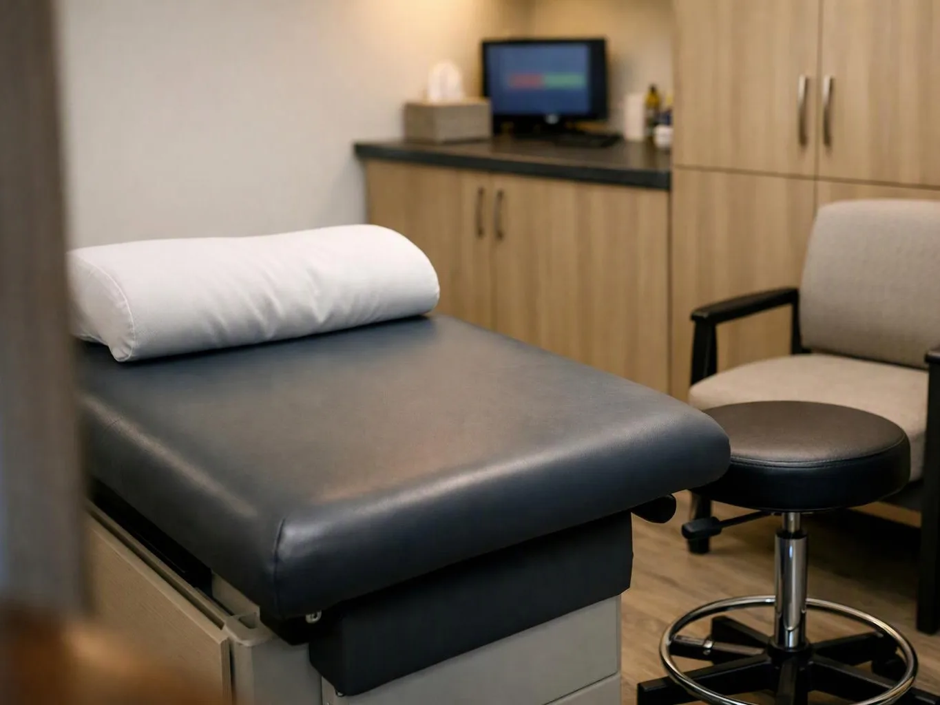 An exam room shows a padded treatment table with a pillow, a stool, and cabinets along the wall