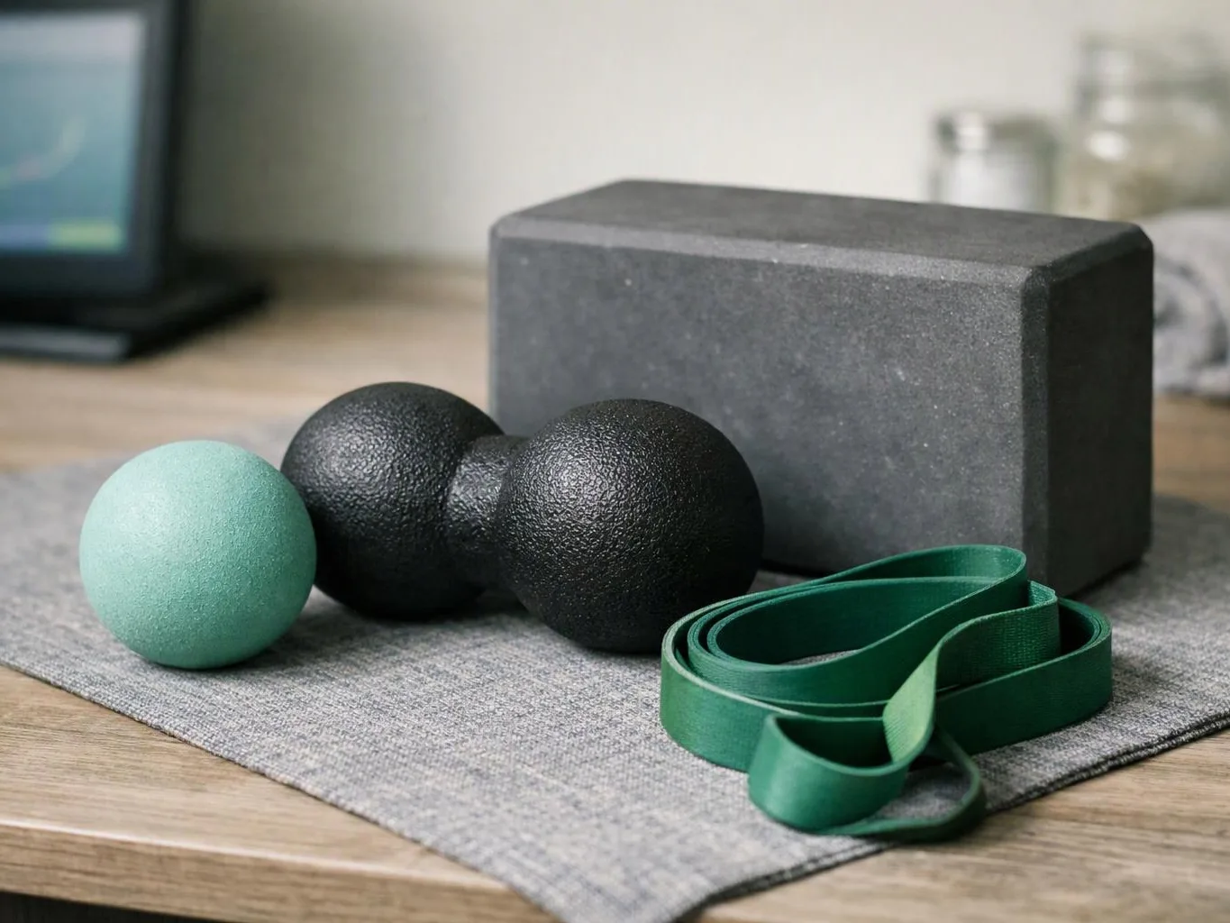 Exercise props rest on a mat, including massage balls, a yoga block, and a green resistance band