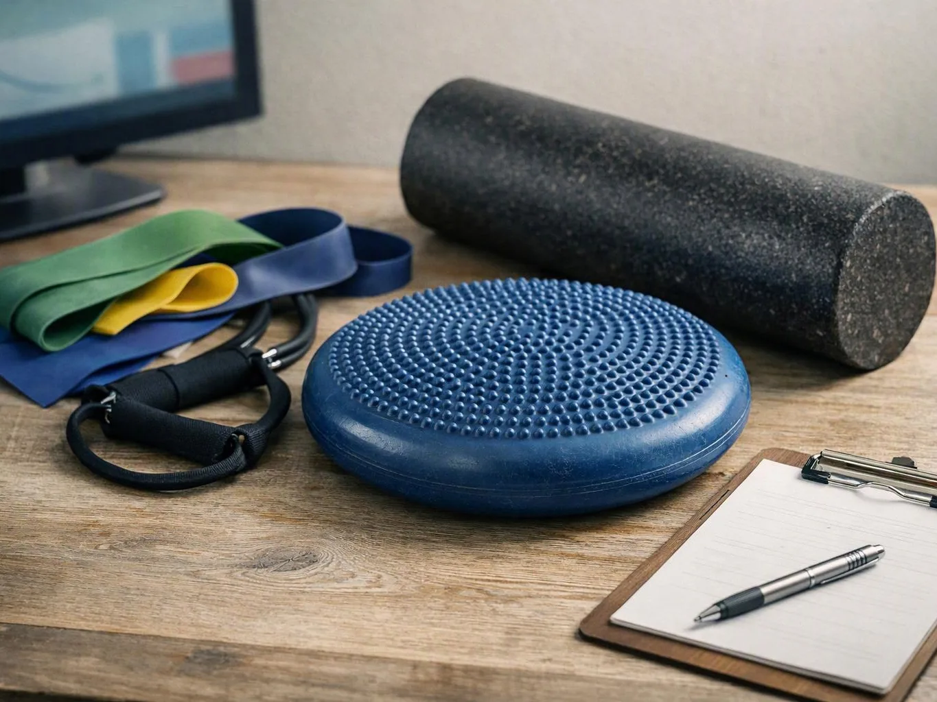 Exercise tools and a notepad sit on a wooden desk beside a monitor