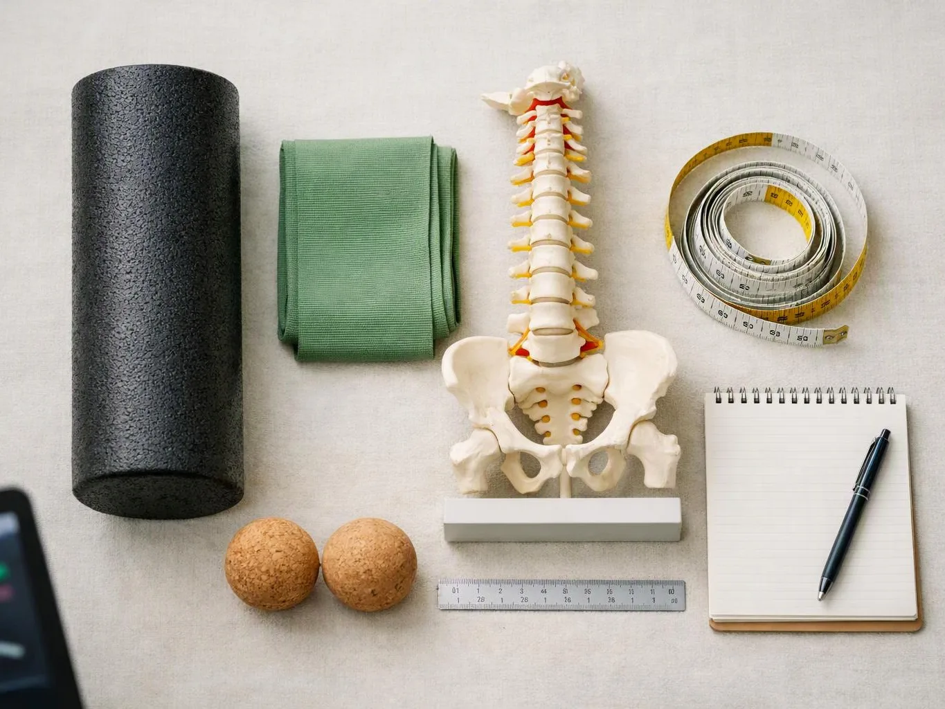 Exercise tools and spine model arranged neatly on a light surface with a notebook and pen