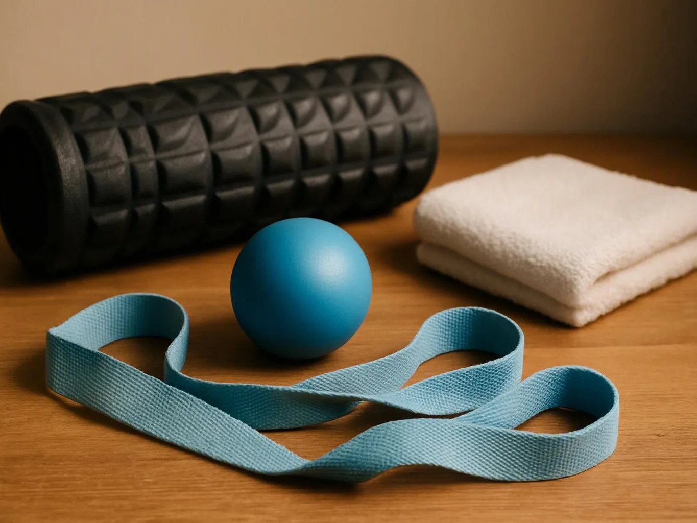 A foam roller, blue exercise ball, stretching strap, and folded towel sit on a wooden surface