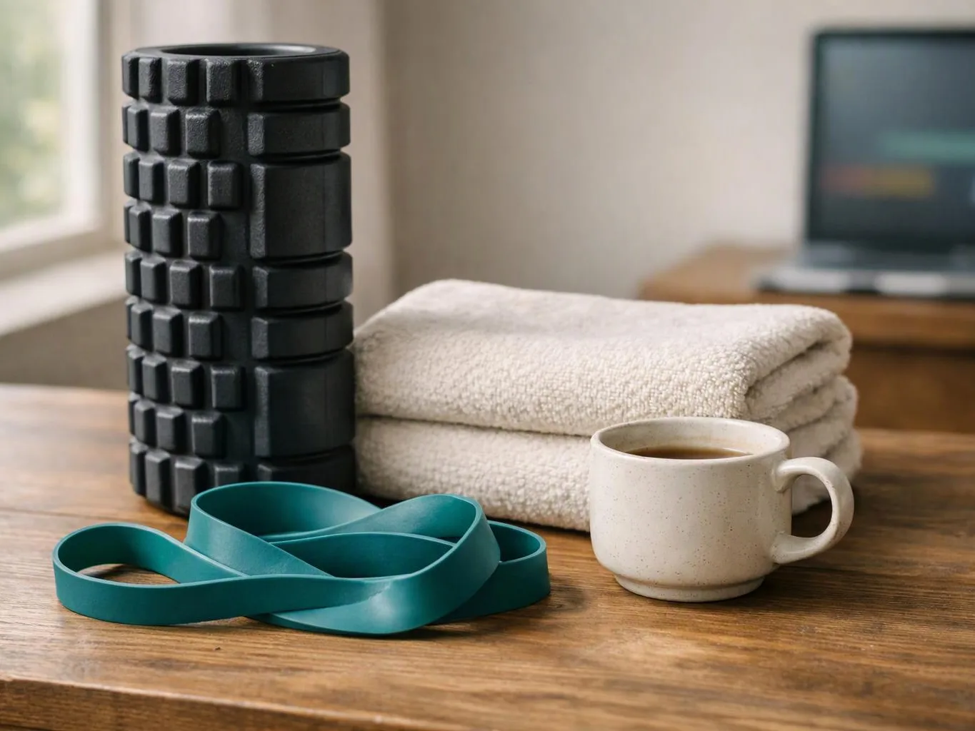 A foam roller, folded towels, a teal resistance band, and a coffee mug sit on a wooden table near a window