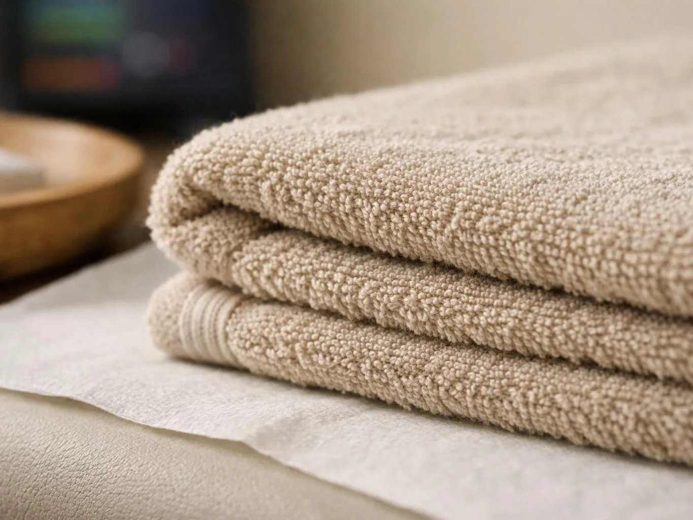 A folded beige towel rests on a soft surface beside a blurred wooden dish in warm light