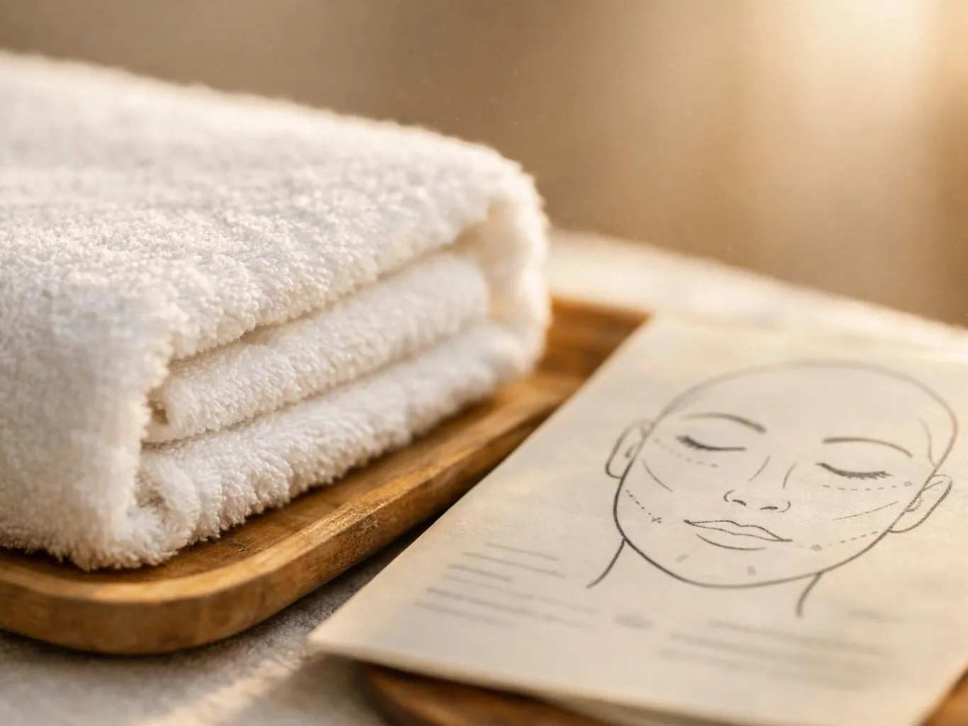 Folded white towels rest on a wooden tray beside a facial treatment chart on a warm table