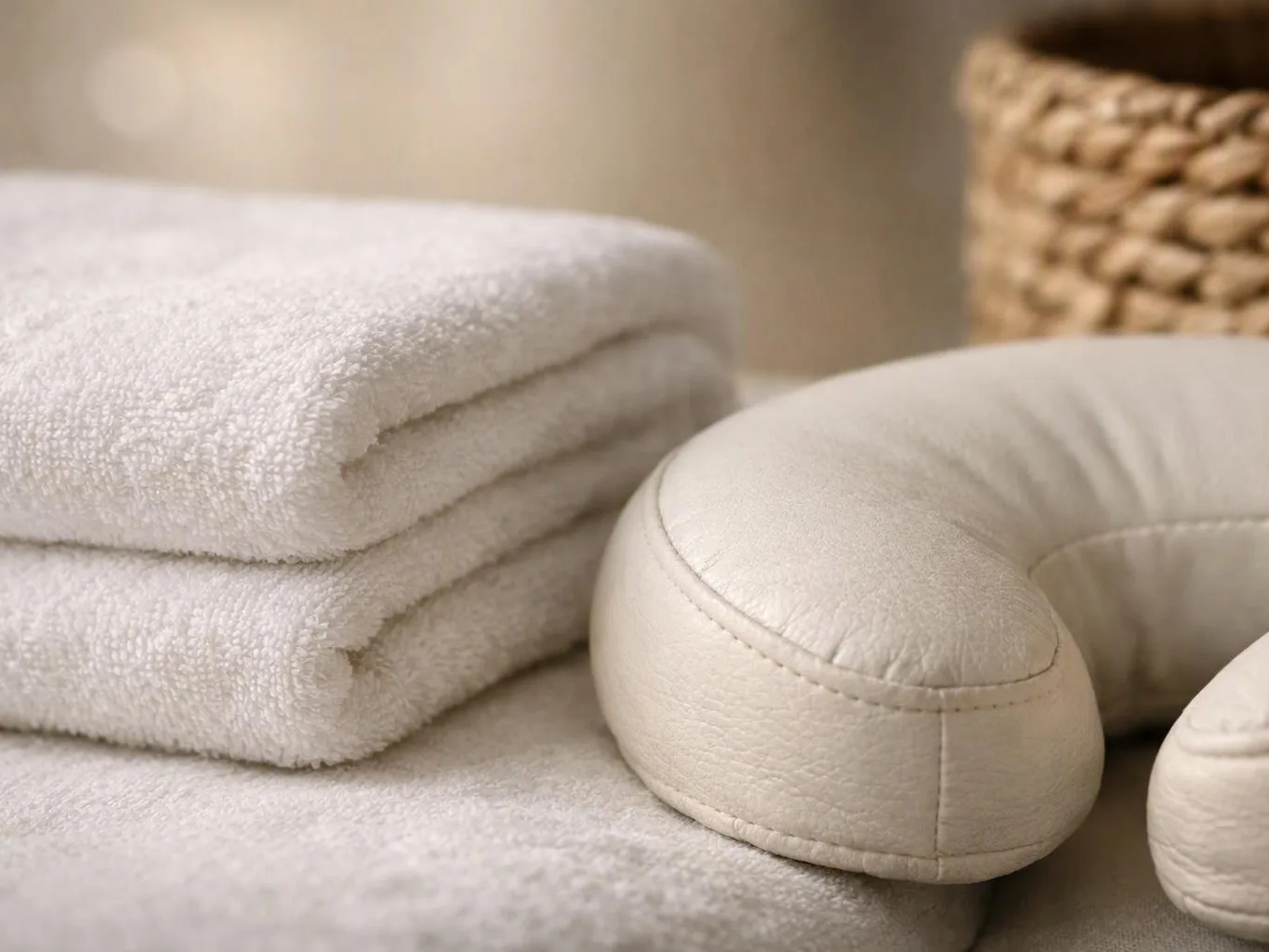 Folded white towels sit beside a cream neck pillow and a woven basket on a soft surface