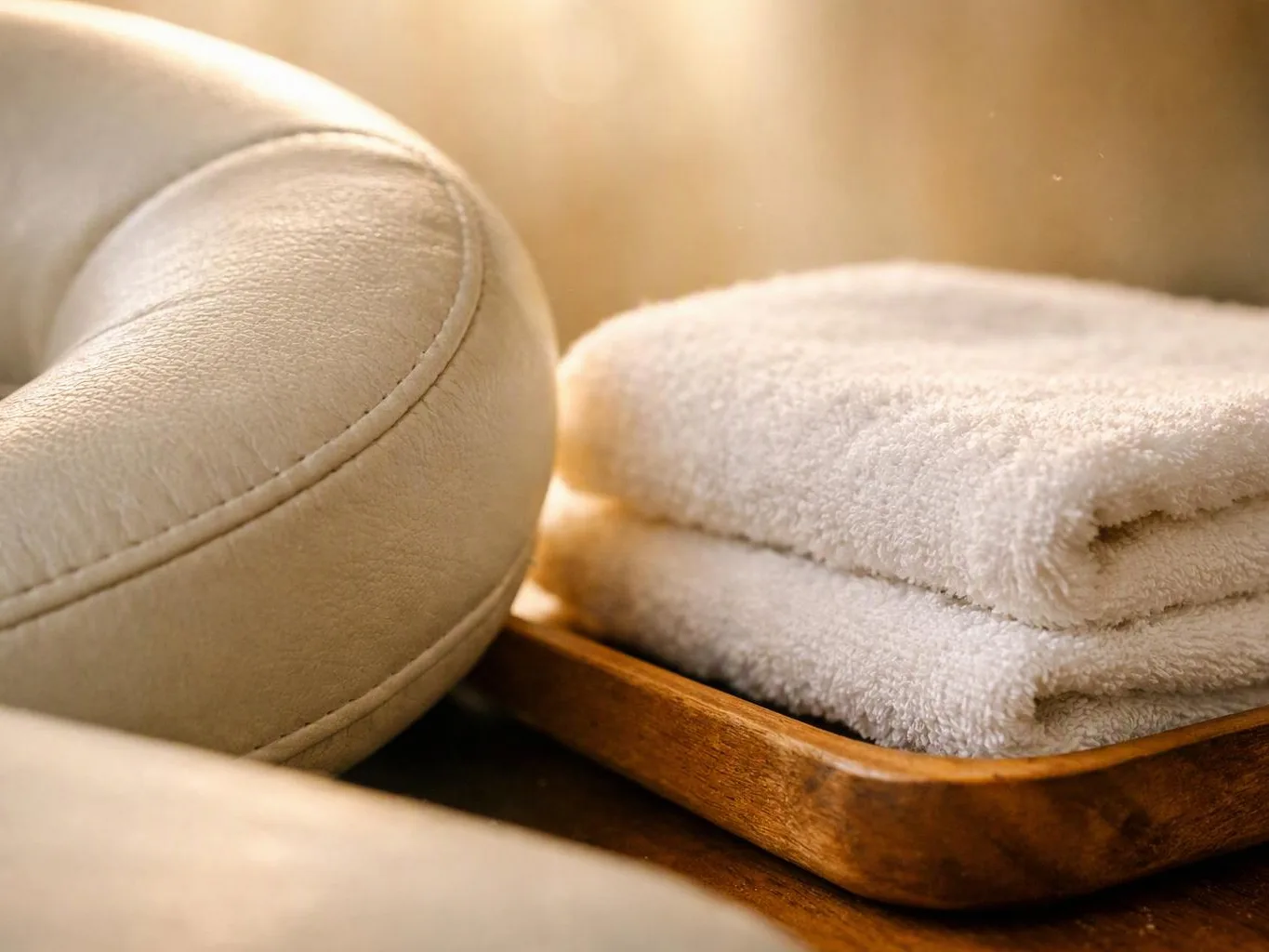 Folded white towels sit in a wooden tray beside a cream leather massage pillow