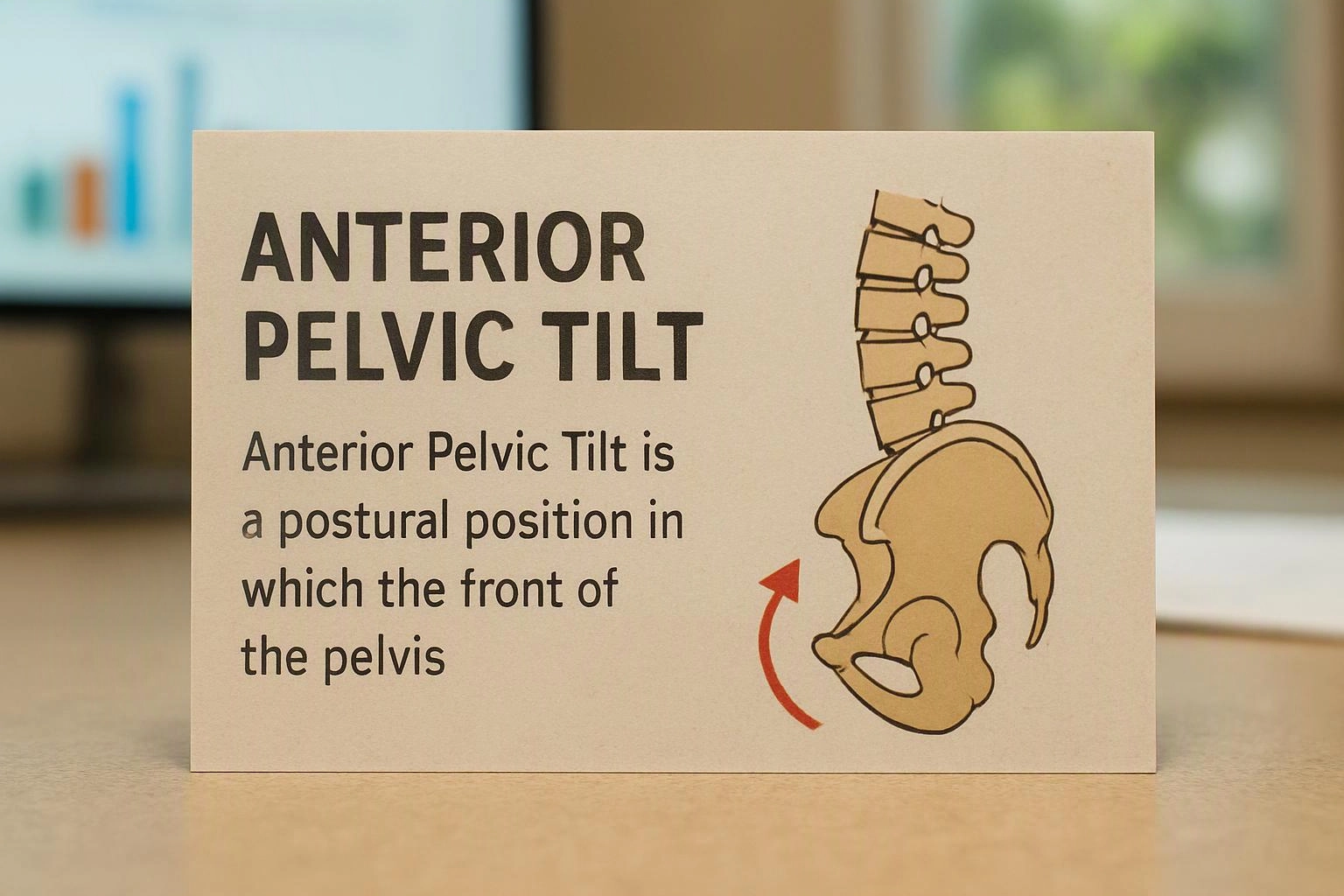 A desk card shows the words “ANTERIOR PELVIC TILT” beside a pelvis and spine diagram with a red arrow
