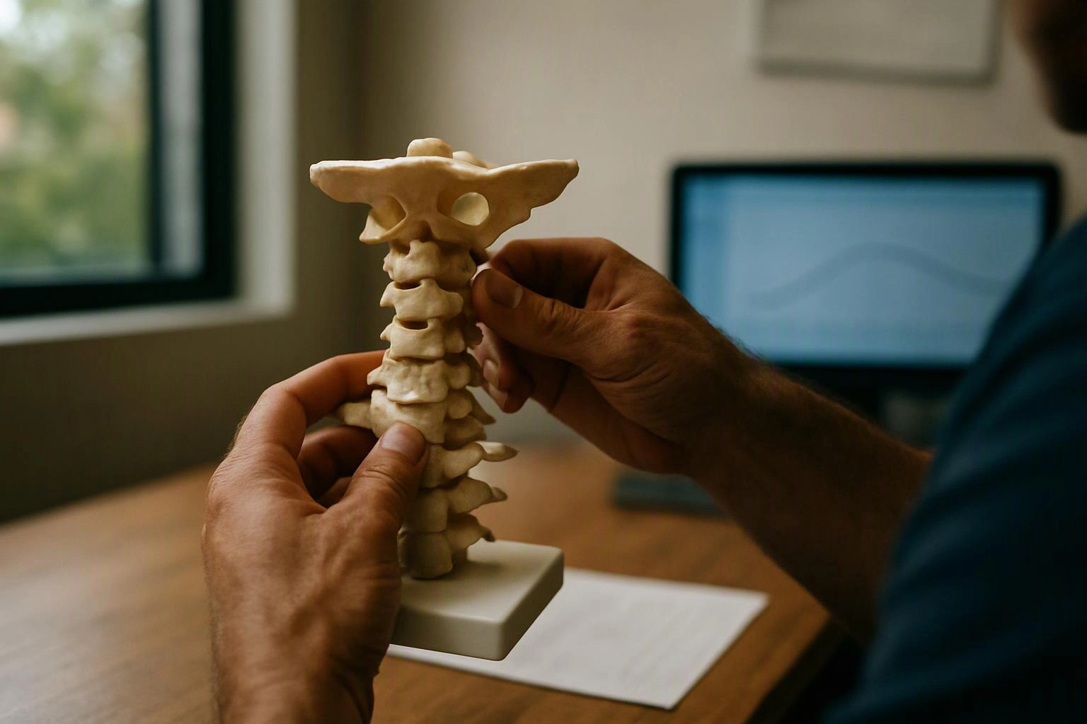 Hands hold a small spine model on a desk beside a blurred computer screen