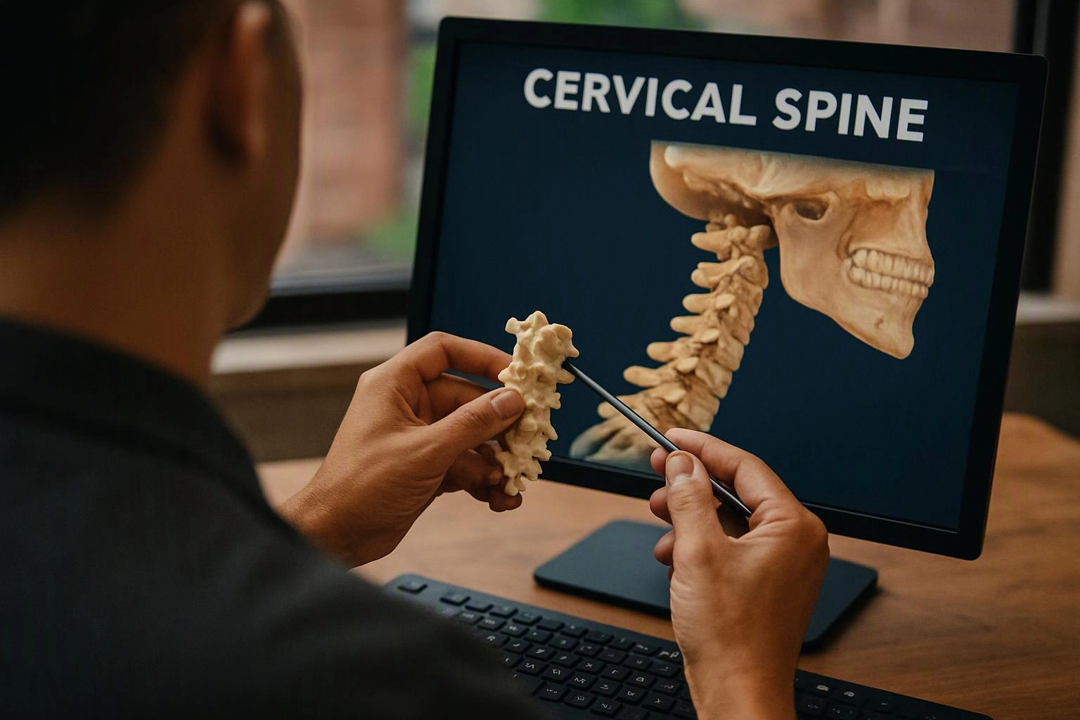 A person points at a cervical spine model beside a monitor showing a skull and neck illustration