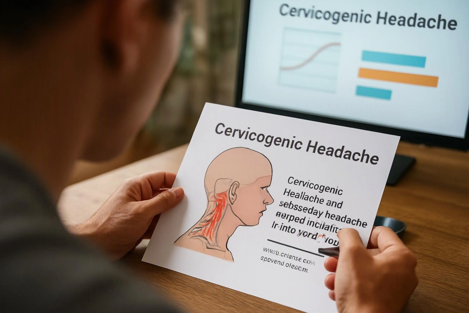 A person studies a printed cervicogenic headache diagram while a matching slide shows on a computer screen