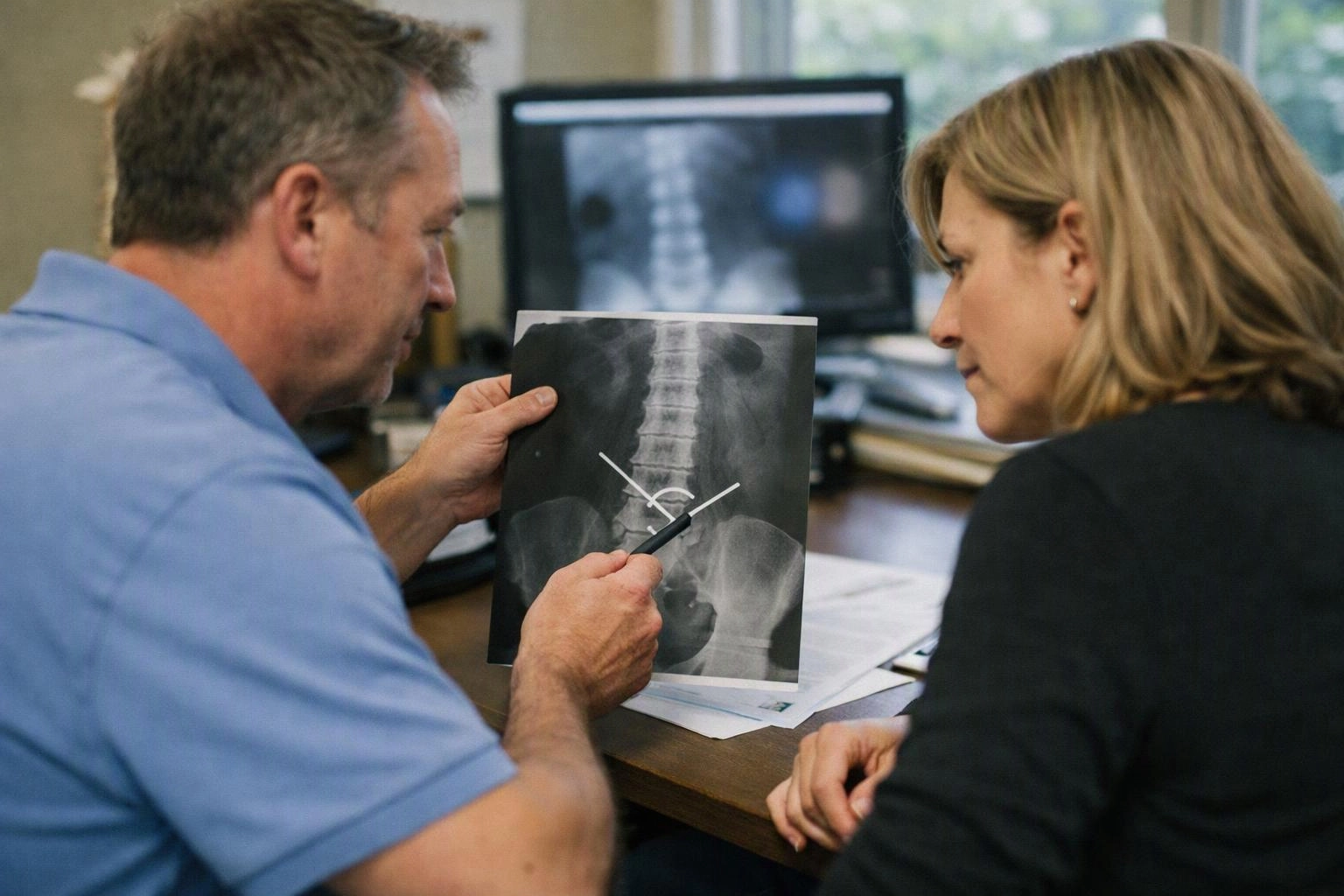 A man in a blue shirt points to a spine X-ray while talking with a woman at a desk