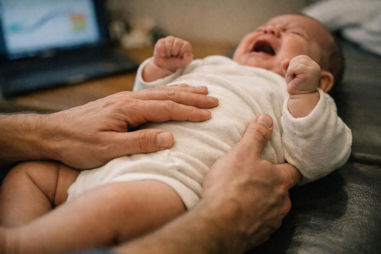 Adult hands gently hold a crying baby in a white onesie on a dark couch