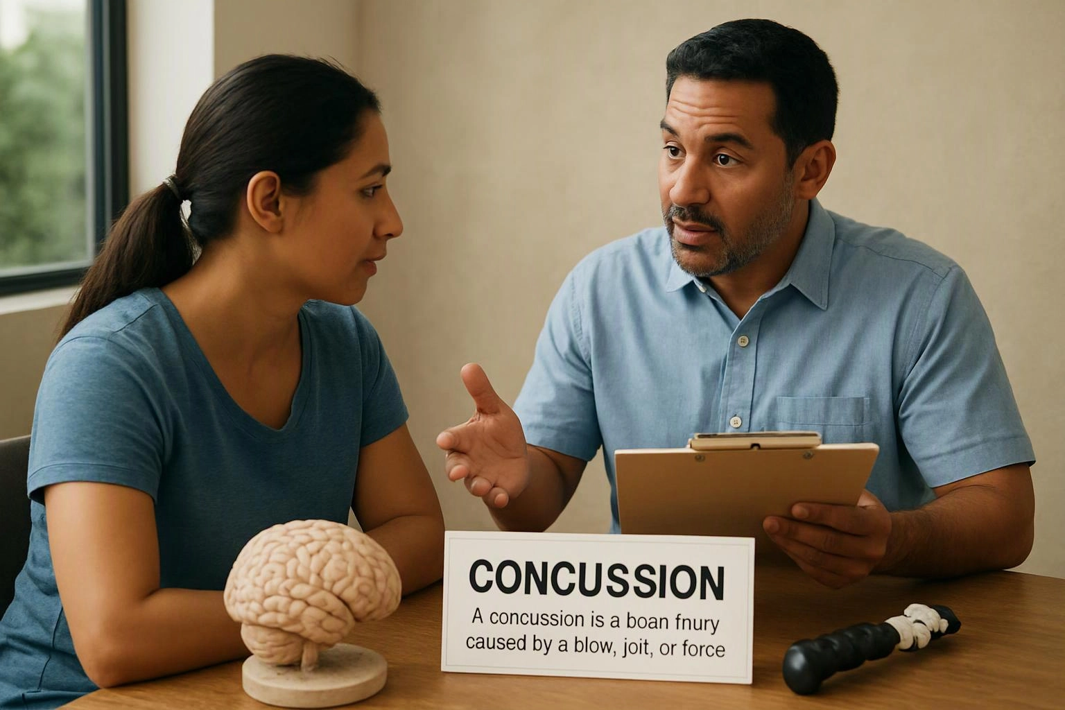 A man talks to a woman at a table with a brain model, clipboard, and concussion sign visible