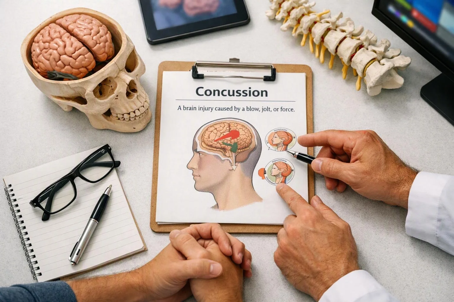 Doctors point at a concussion diagram on a clipboard beside a skull model, spine model, notebook, and glasses