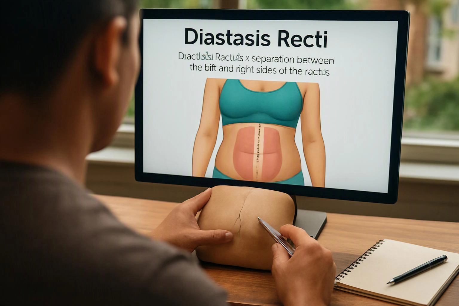 A person examines a torso model while a screen shows a diastasis recti diagram at a desk