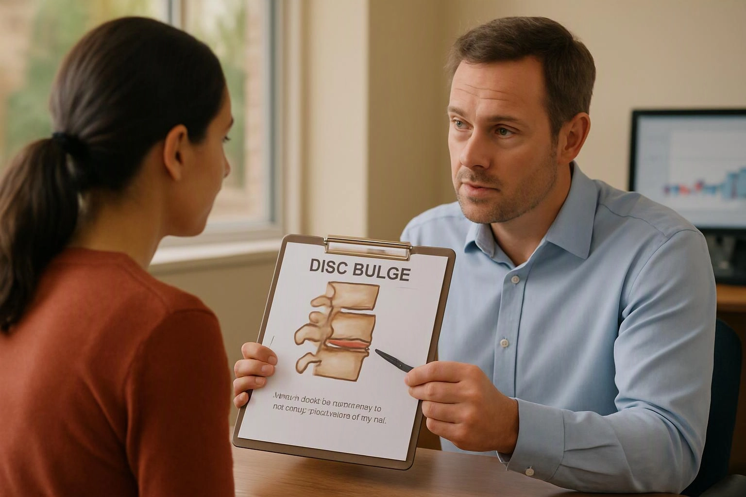 A man shows a clipboard with a spine diagram and the words “DISC BULGE” to a woman in an office