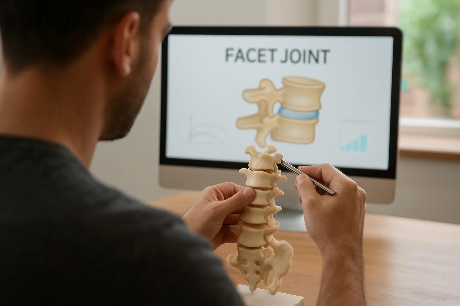 A man studies a spine model while pointing at a monitor labeled “FACET JOINT”