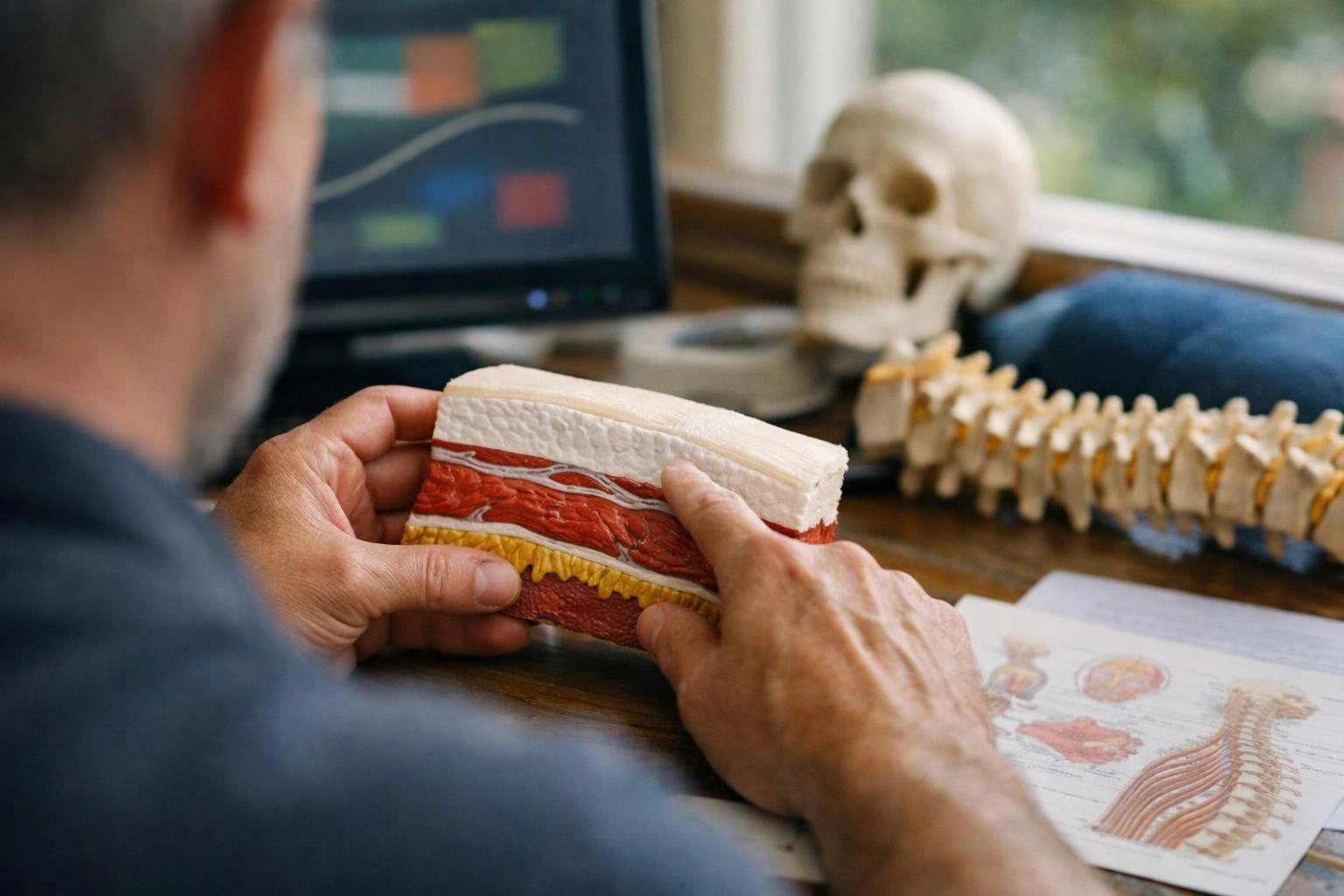 A person studies a spine model and a layered anatomy sample beside a skull and computer monitor