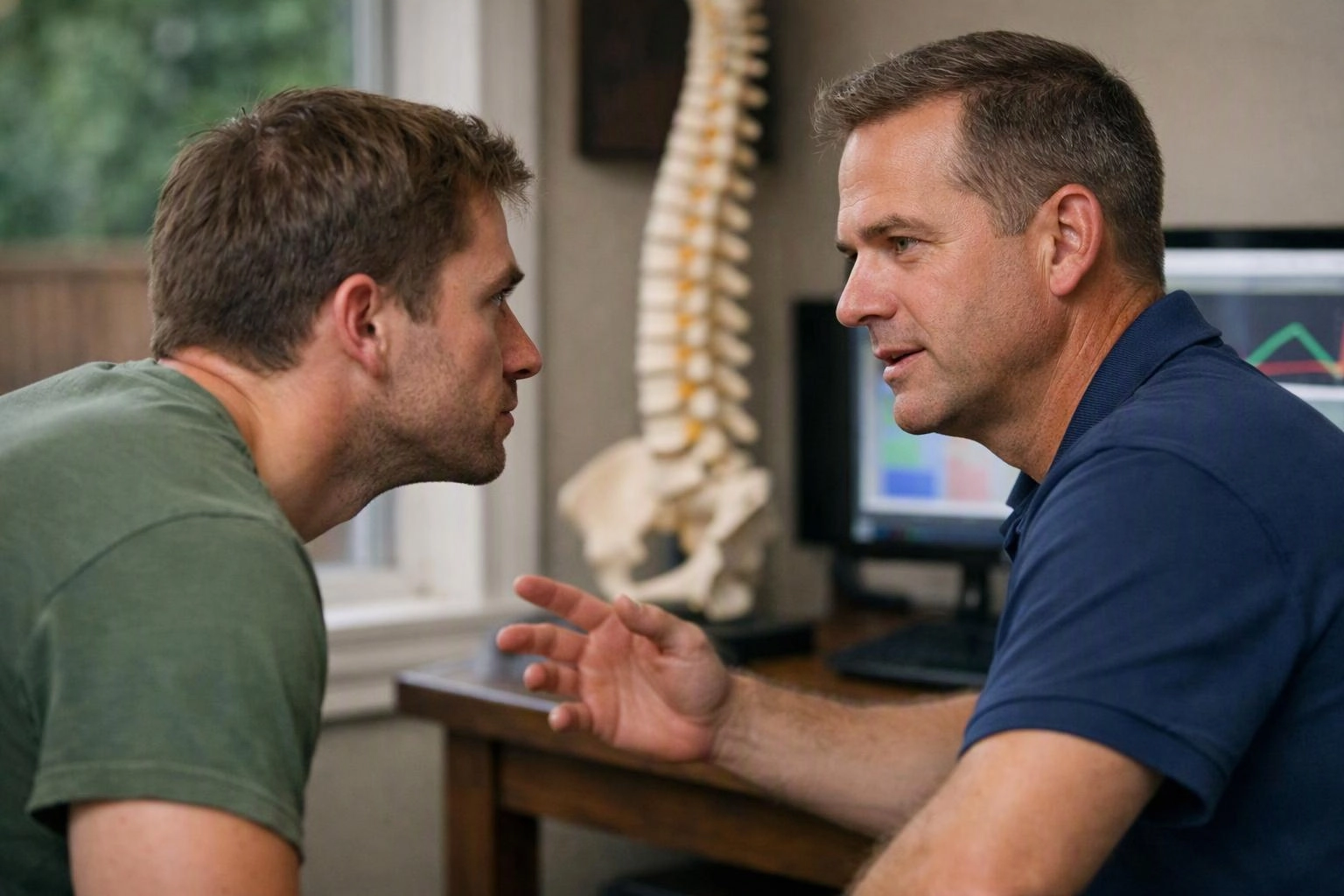 Two men face each other in a room, one gestures while they talk beside a desk and computer monitor