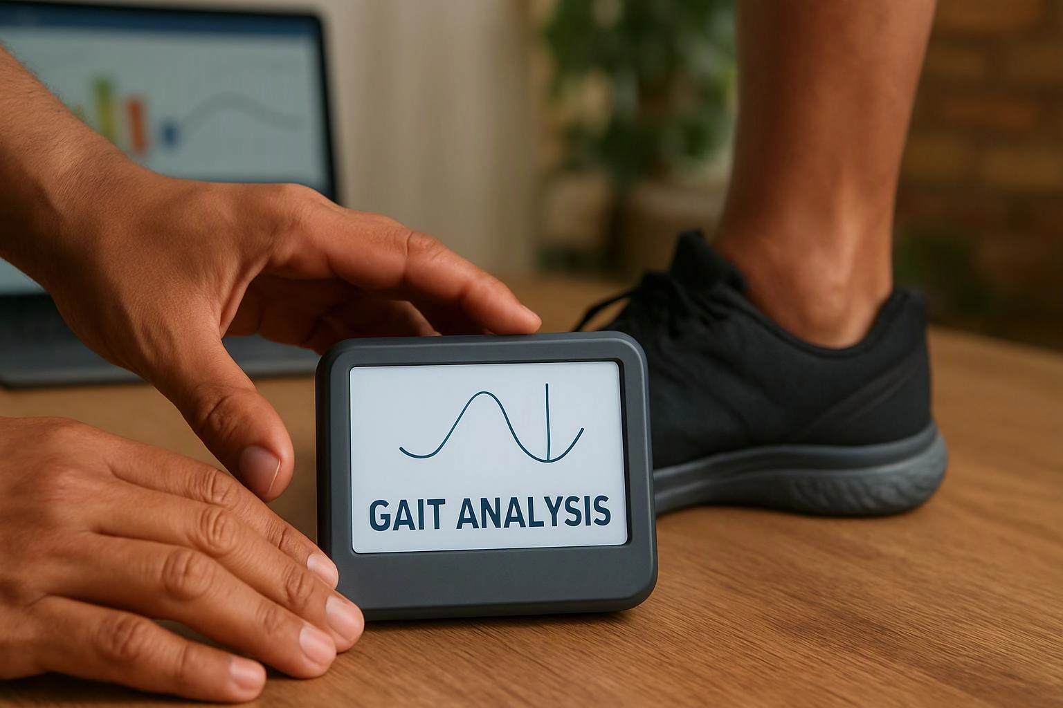 Hands place a small screen reading “GAIT ANALYSIS” beside a sneaker on a wooden table