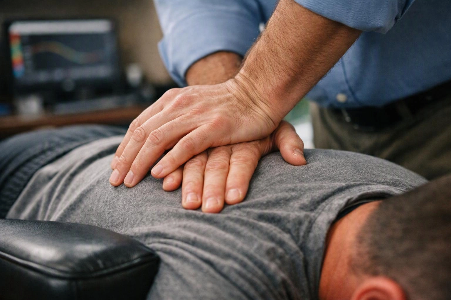A person presses both hands on another person’s back during a treatment session