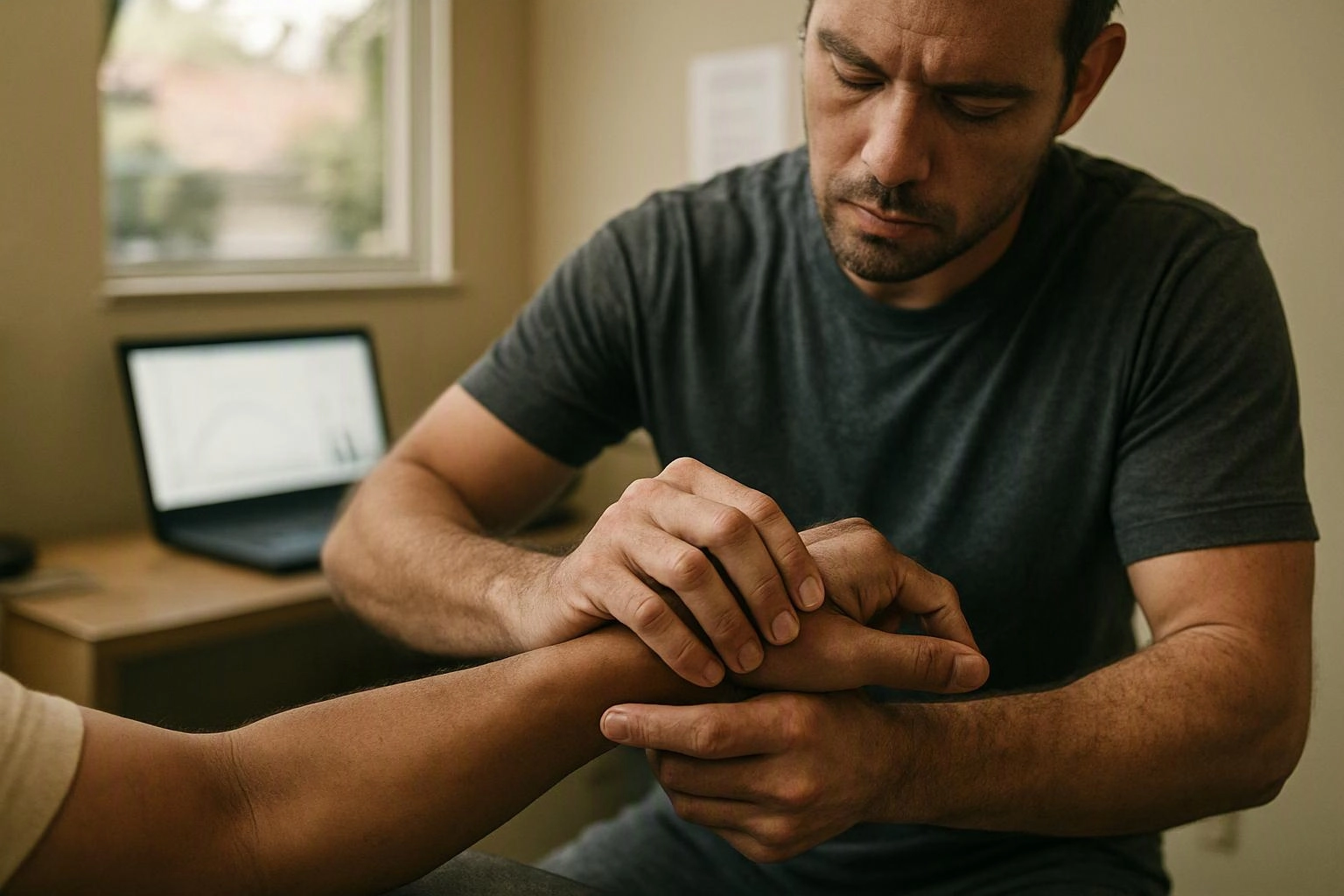 A man gently holds another person’s wrist in a quiet room with a laptop on the desk