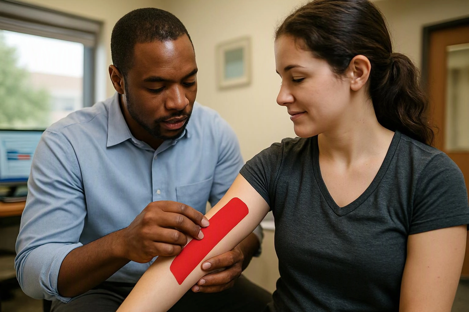 A man applies a red adhesive strip to a woman’s upper arm in a clinic room