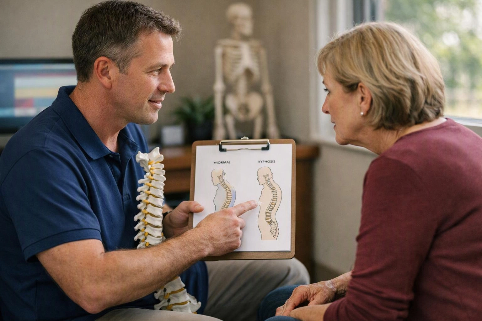 A man in a blue shirt shows a spine model and clipboard diagram to a seated woman in a clinic room