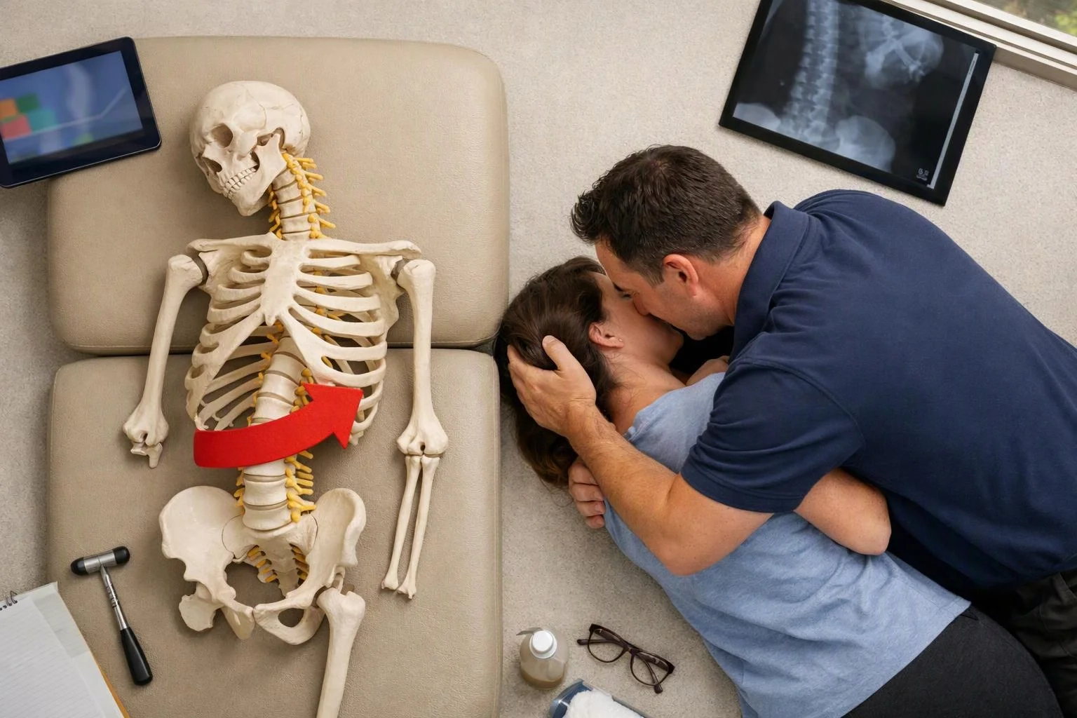 A skeleton model lies on a treatment table beside a man kissing a woman on the floor, with clinic tools around them