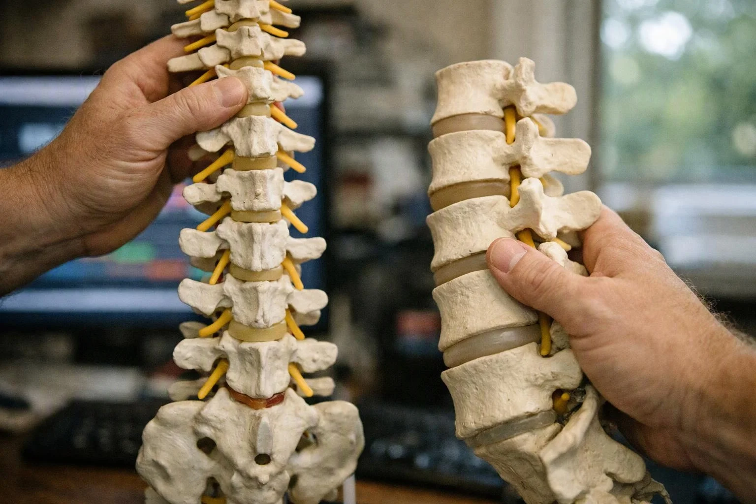 Hands hold two spine models side by side in a clinic setting for comparison