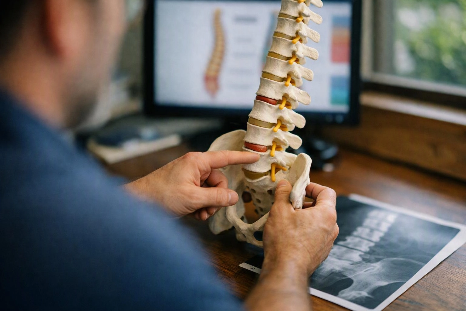 A person points at a spine model on a desk beside an X-ray and computer screen