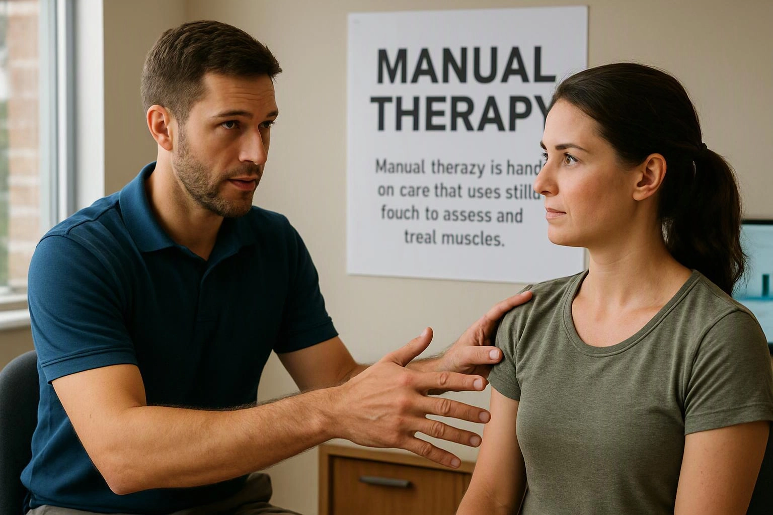 A man explains manual therapy to a woman in a clinic room, with a poster behind them