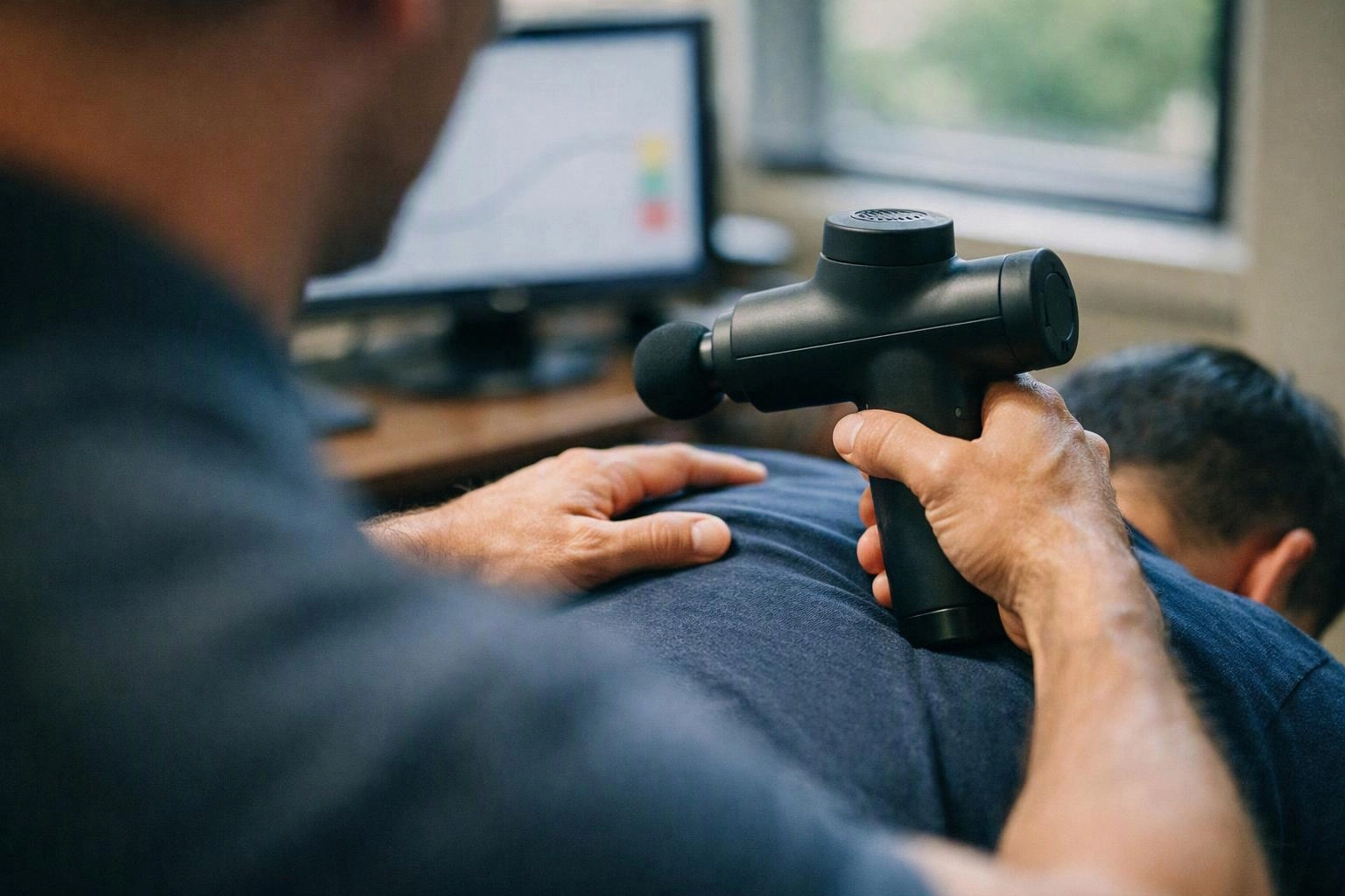 A person holds a massage gun against another person’s back in an office with a computer monitor and window