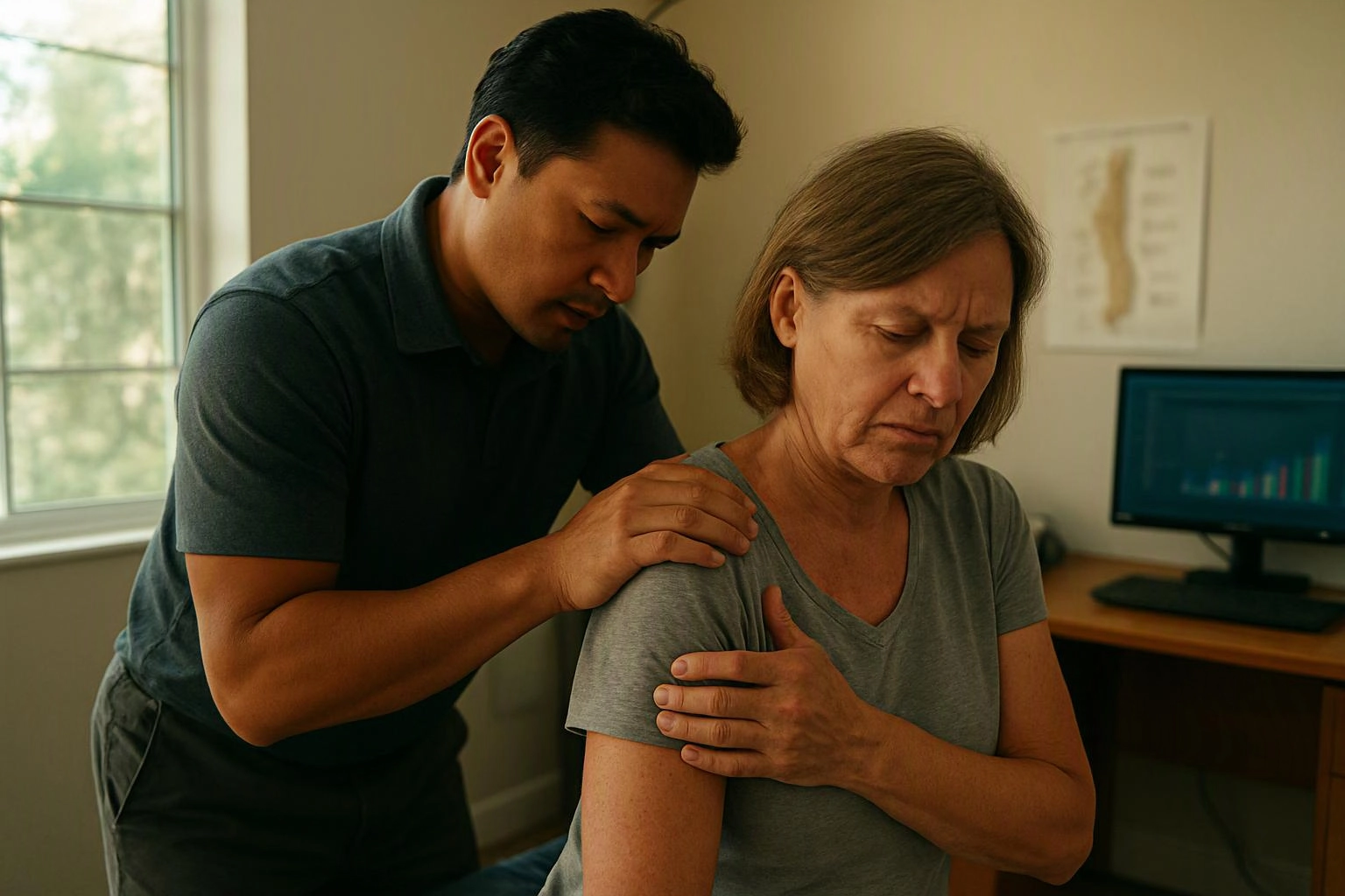 A man gently supports a woman sitting indoors, while she holds her shoulder and looks pained