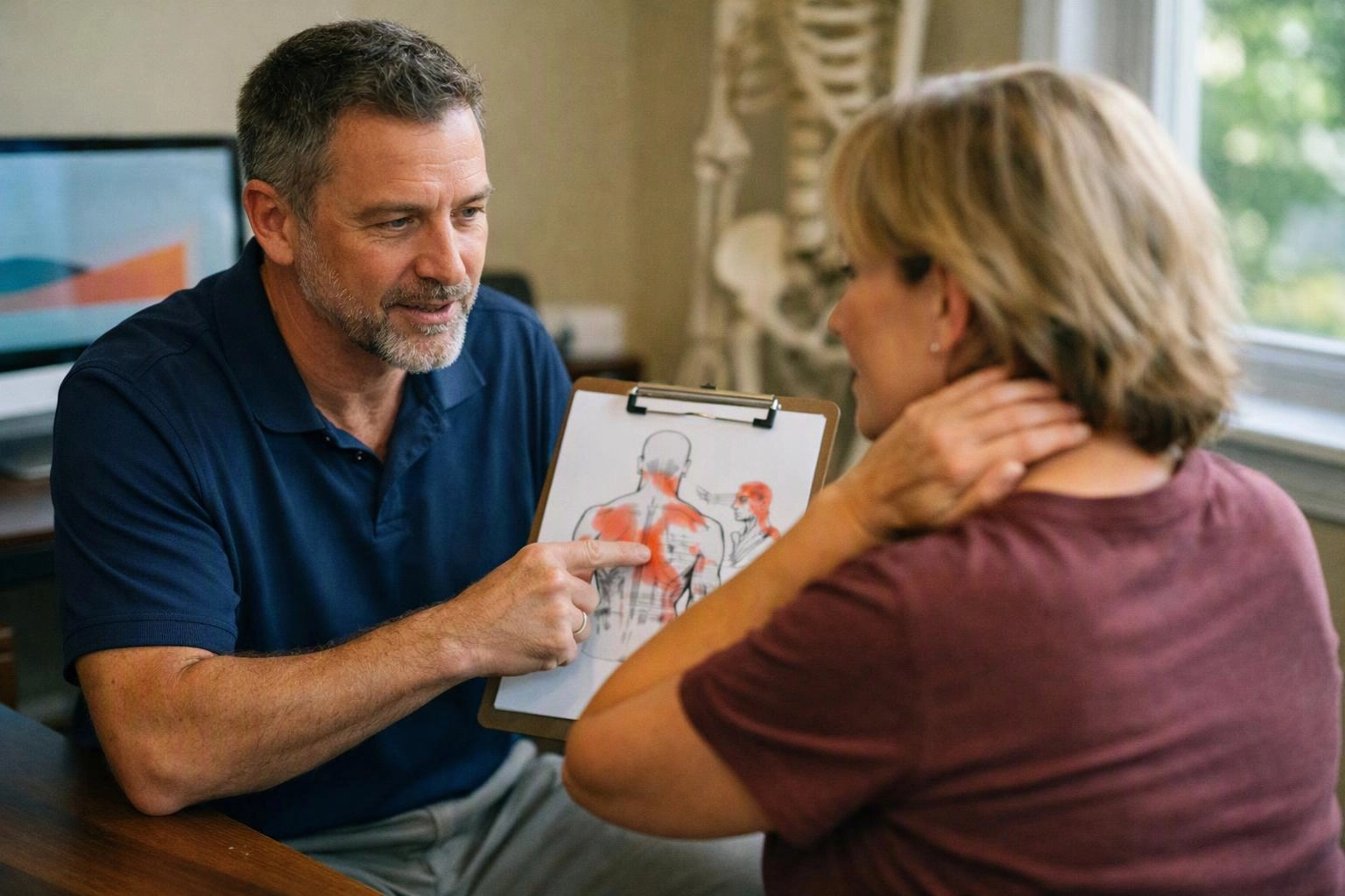 A man shows a clipboard body diagram to a woman holding her neck in a bright office