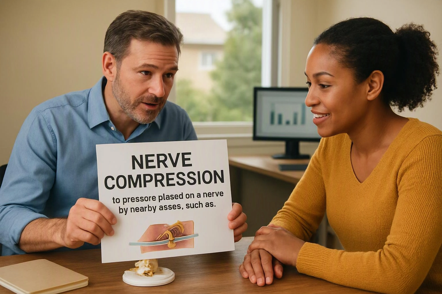 A man shows a nerve compression chart to a woman across a desk in a bright office