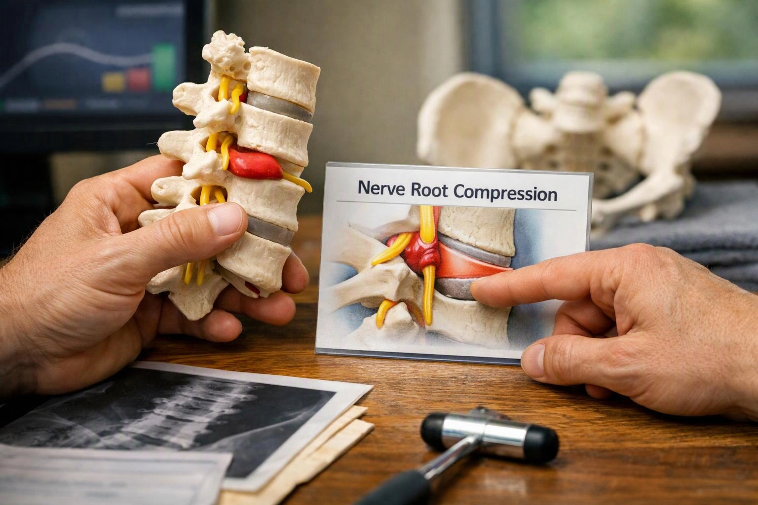 Hands hold a spine model and a card labeled Nerve Root Compression on a wooden desk