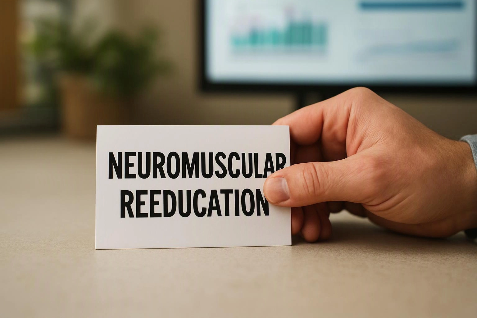 A hand holds a card reading “NEUROMUSCULAR REEDUCATION” on a desk with a blurred screen behind it