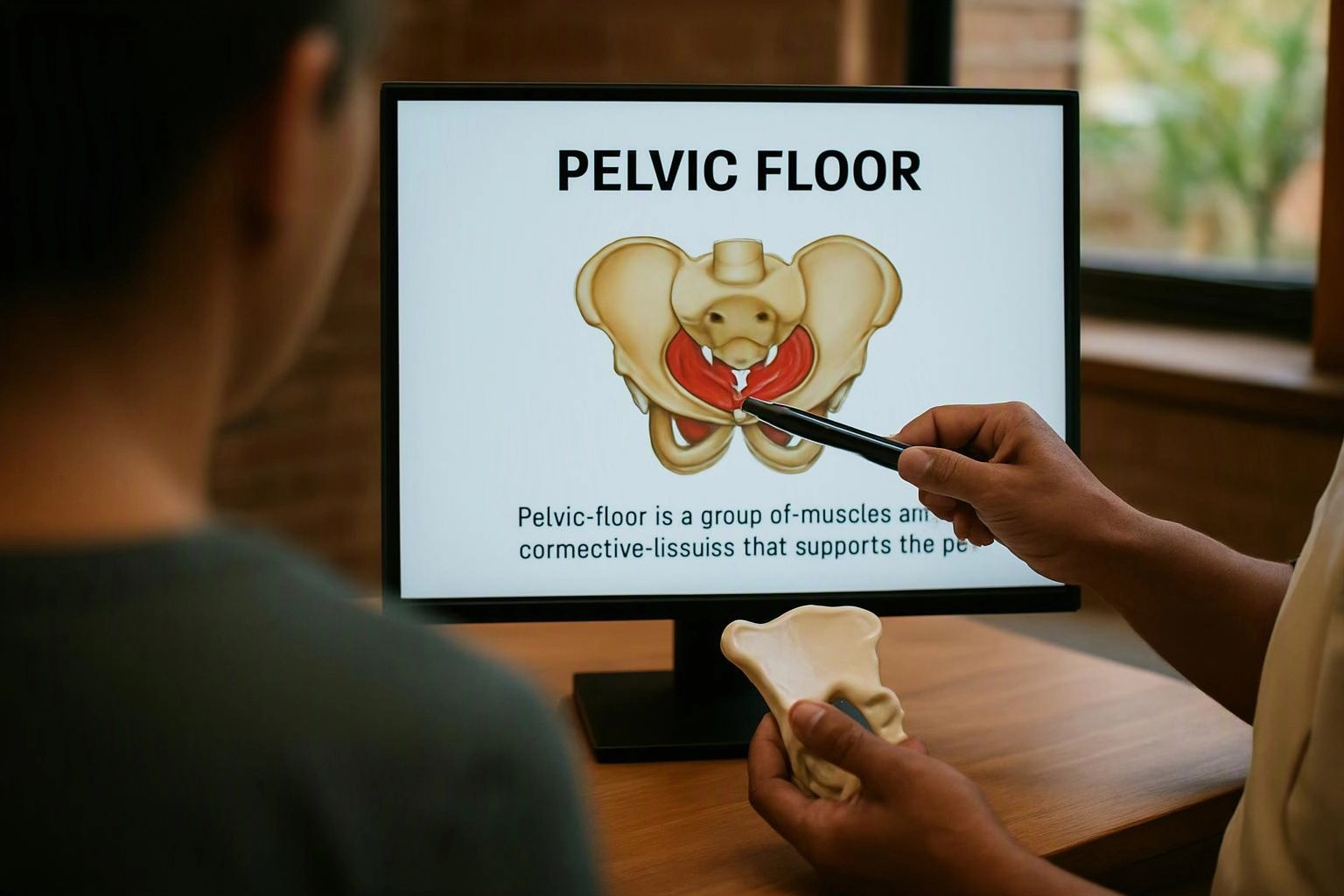 A person points at a pelvic floor diagram on a monitor while holding a pelvis model in a room
