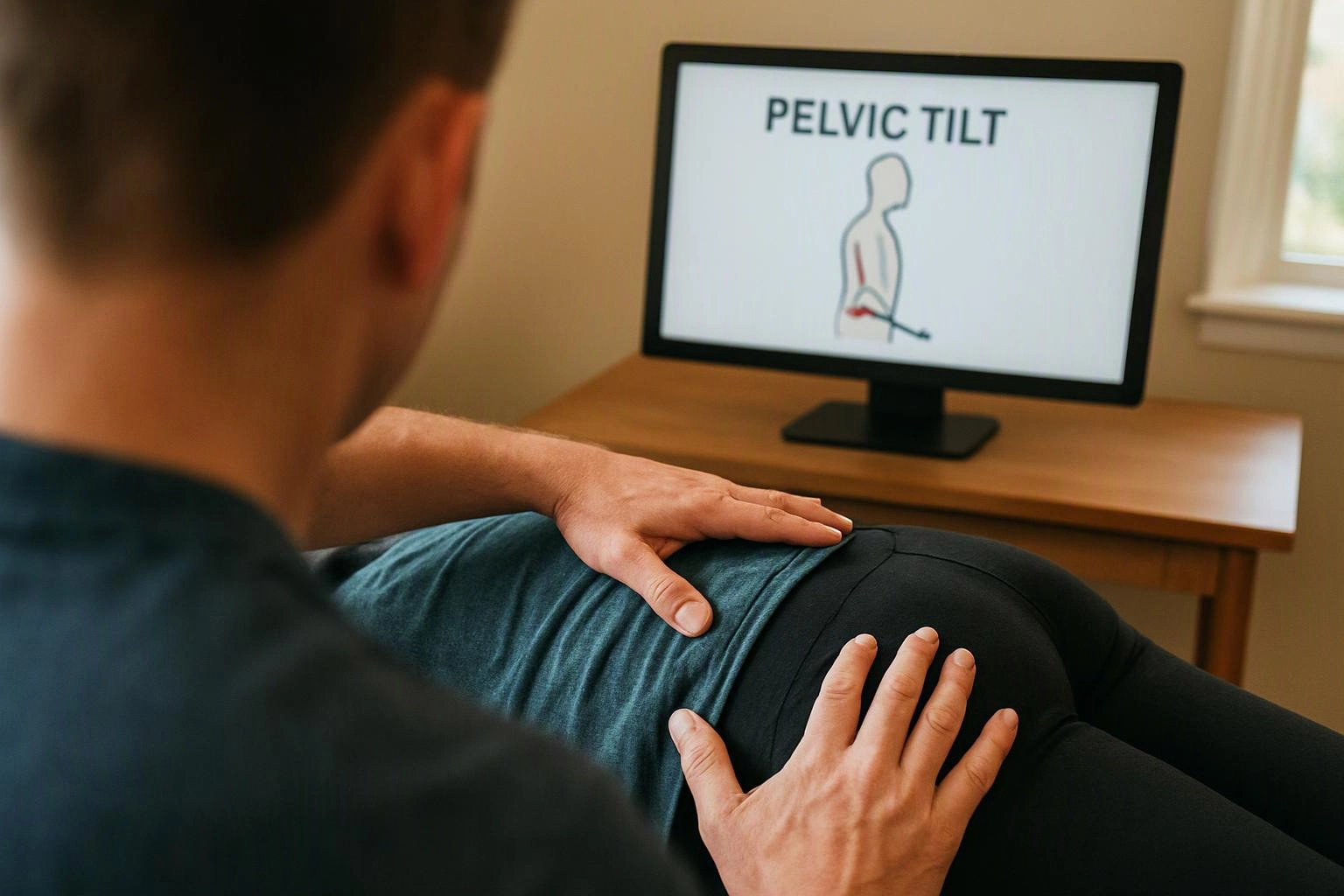 A person watches a pelvic tilt exercise on a monitor while another person places hands on their lower back