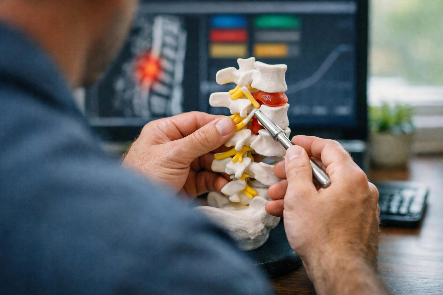 A person points a metal tool at a spine model beside a laptop on a desk