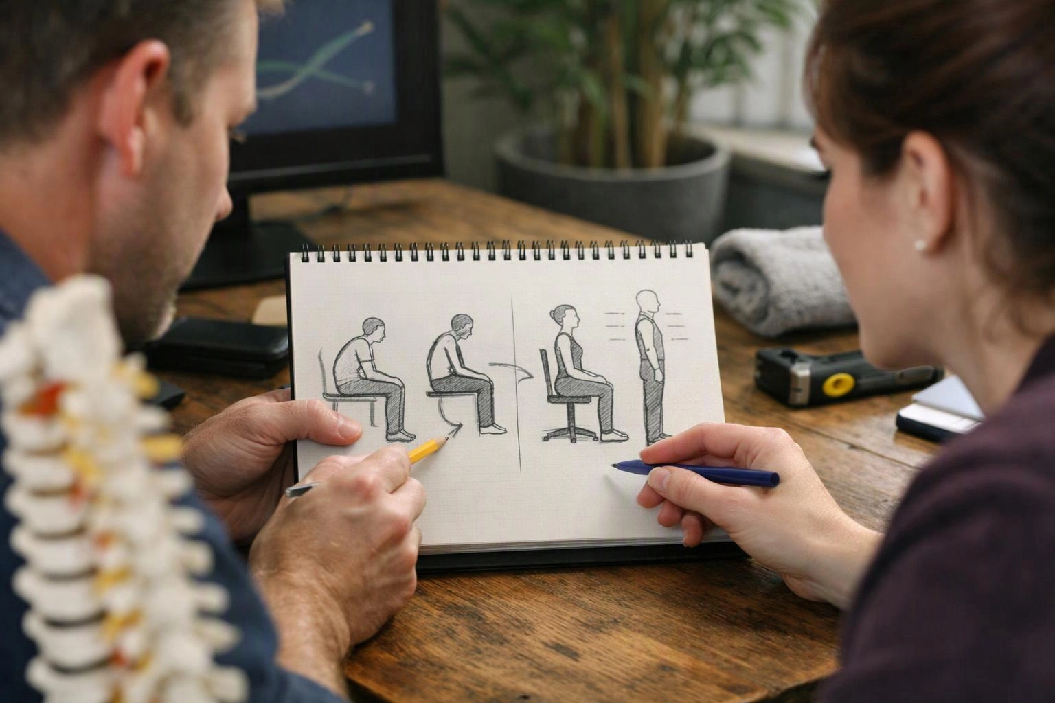 Two people study a sketchbook with posture drawings at a wooden desk in an office-like room